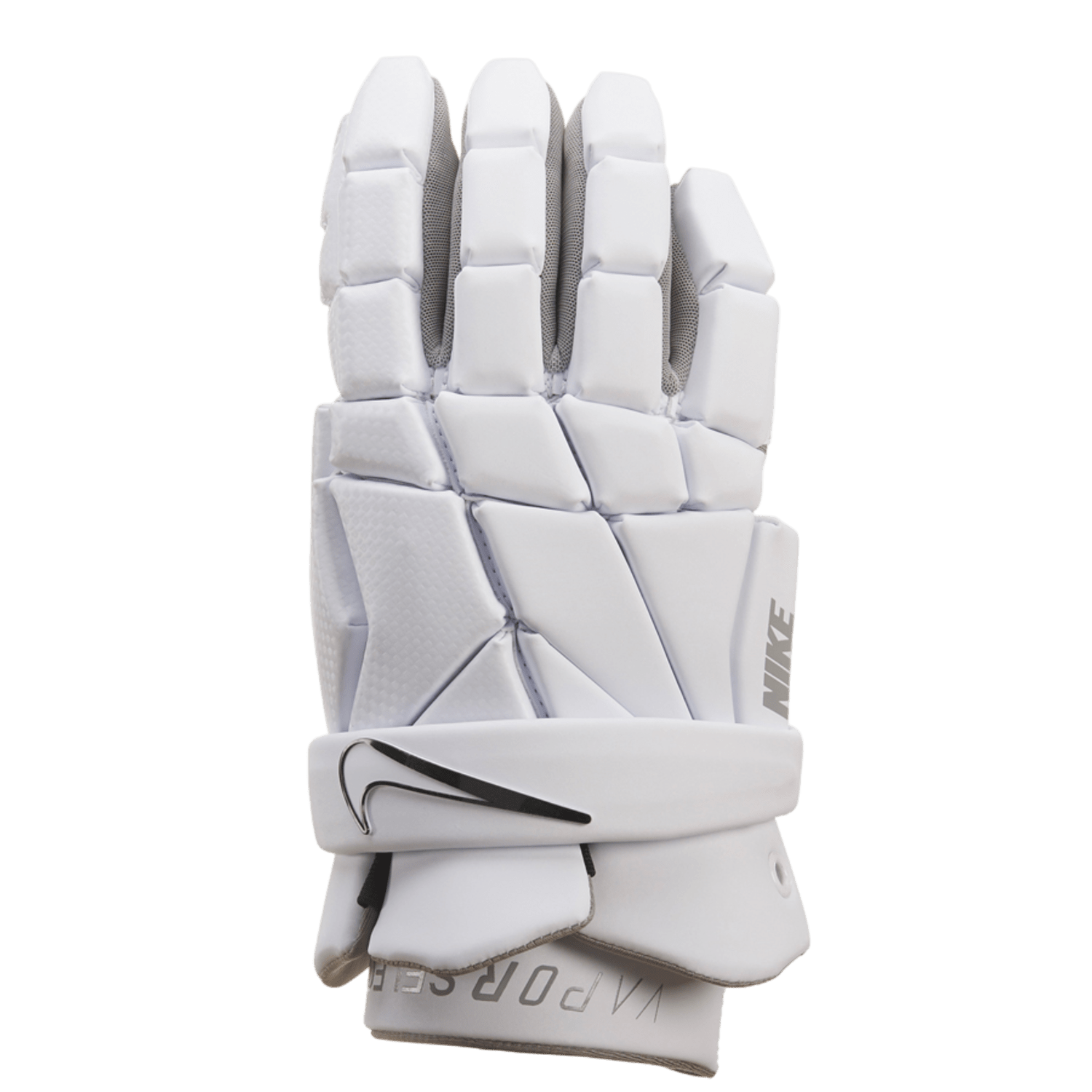 Introducing the Nike Vapor Select Lacrosse Gloves, featuring a sleek white design with segmented padding and the iconic Nike logo on the wrist strap. These gloves are equipped with protective foam and a ventilated palm to enhance grip, providing exceptional protection and top-tier performance on the field.