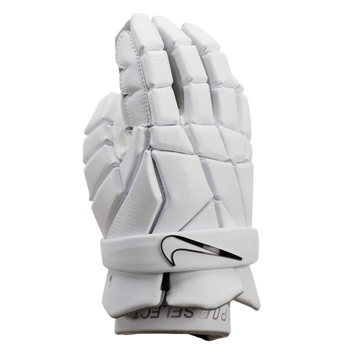 Introducing the Nike Vapor Select Lacrosse Gloves in white, designed with padded segments for enhanced protection. Featuring a black swoosh logo on the wrist strap and a ventilated palm, this glove stands upright against a plain background, highlighting its protective foam design.