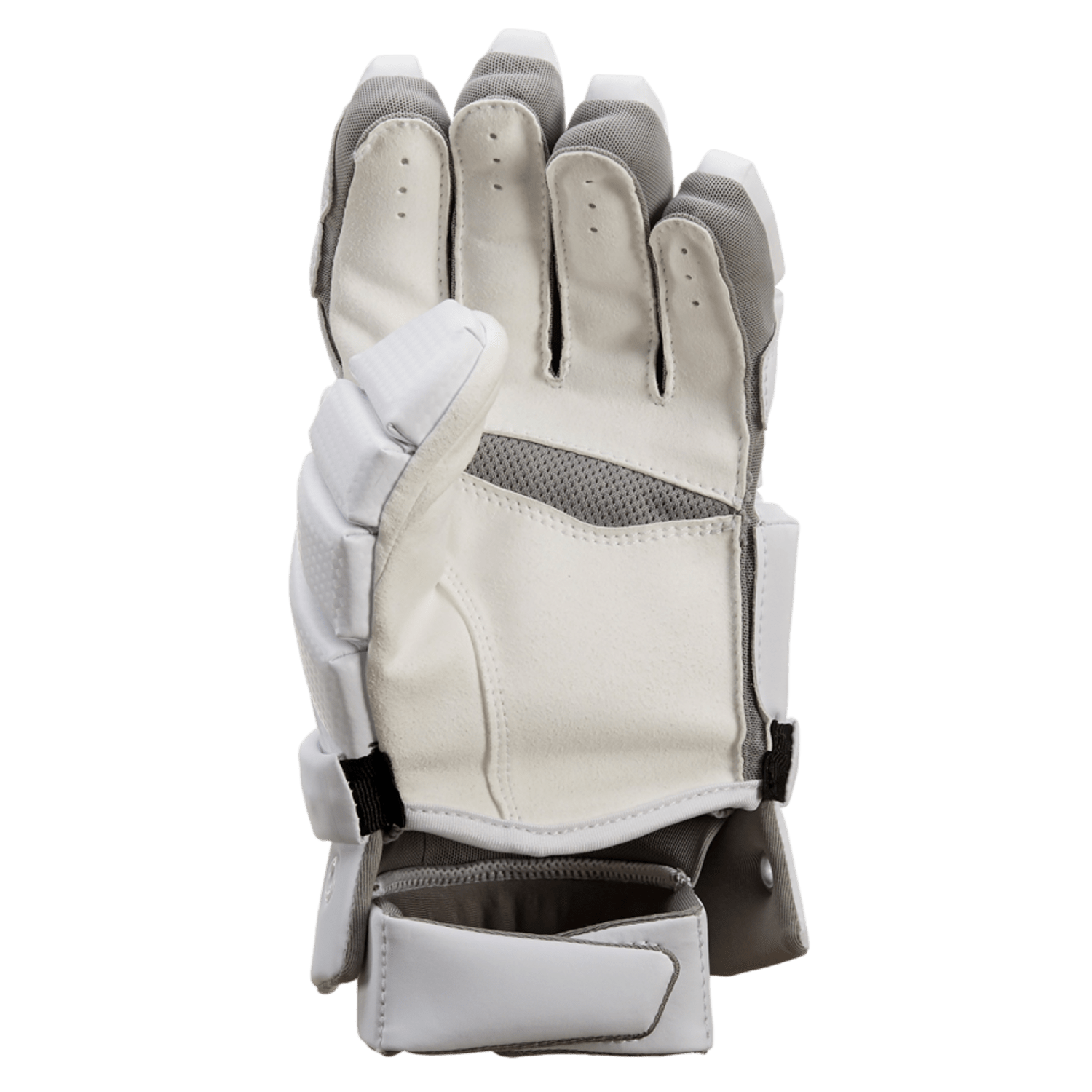 A lone glove designed for cricket, showcasing protective foam padding and fabric ventilation, is displayed with the palm facing up against a simple backdrop. The glove is mostly white with gray details and features a secured wrist strap, with a design akin to Nike's own Vapor Select Lacrosse Gloves.