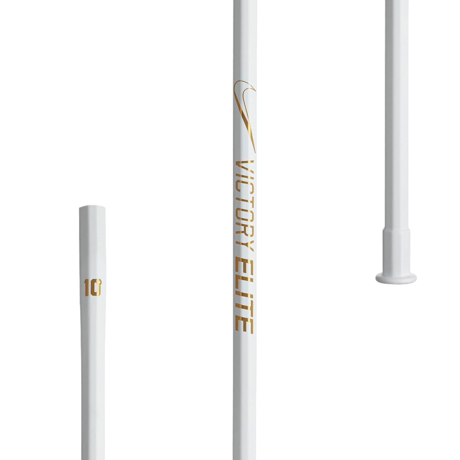 The Nike Victory Elite Lacrosse Shaft by Nike has three sections with a sleek design in white. The central section features "Victory Elite" in gold lettering, the left section is marked with the number "10," and it includes a textured grip that leads to the end cap on the right section.