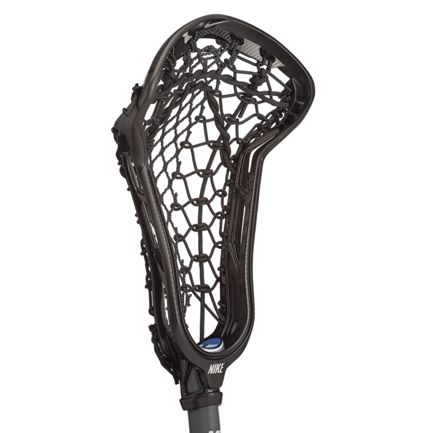 A close-up of the black Nike Victory Elite Strung Lacrosse Head, featuring mesh netting designed for elite-level players. The prominent Nike logo is displayed at the bottom of the head, set against a plain green background.