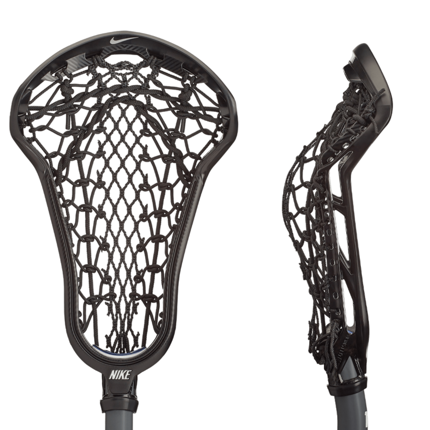 Two Nike Victory Elite Strung Lacrosse Heads in black are displayed, with one viewed from the front and the other from the side. Both heads showcase intricate stringing designed for elite-level players and are mounted onto shafts. The Nike logo is prominently featured near the bottom of each women's lacrosse stick.