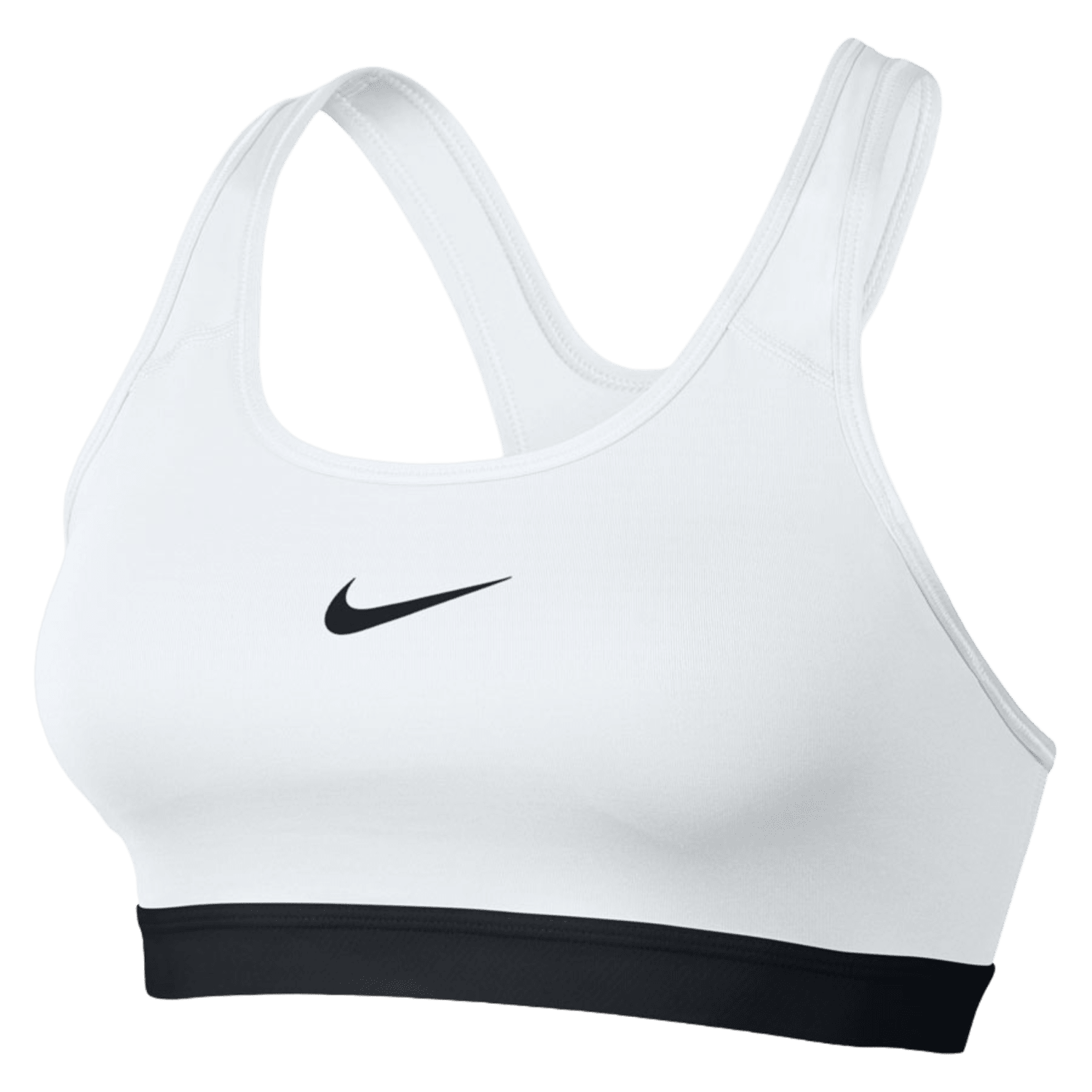The Nike Women's Classic Sports Bra is a white sports bra showcasing a black Nike swoosh logo in the center, providing medium support. It features a racerback design with a contrasting black band at the bottom and incorporates Nike Dri-Fit technology to keep you comfortable during workouts.