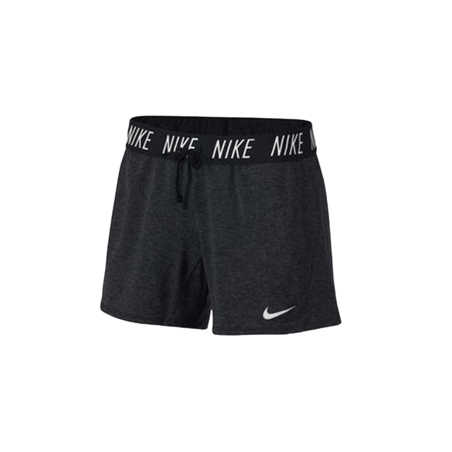 Introducing the Nike Women's Attack TR5 Shorts, a perfect choice for performance training. These black shorts feature a drawstring waist and come equipped with Dri-FIT technology to ensure maximum comfort. The waistband prominently displays the word "NIKE," while the iconic swoosh logo adorns the left leg for an enhanced sporty look.