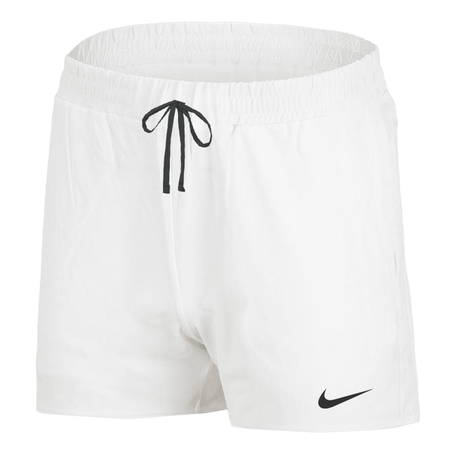 Nike Women's Attack TR5 Shorts in white, featuring a black drawstring and a small logo on the lower left. These performance shorts are designed with an elastic waistband that subtly displays "NIKE," using Dri-FIT technology to keep you comfortable and dry.