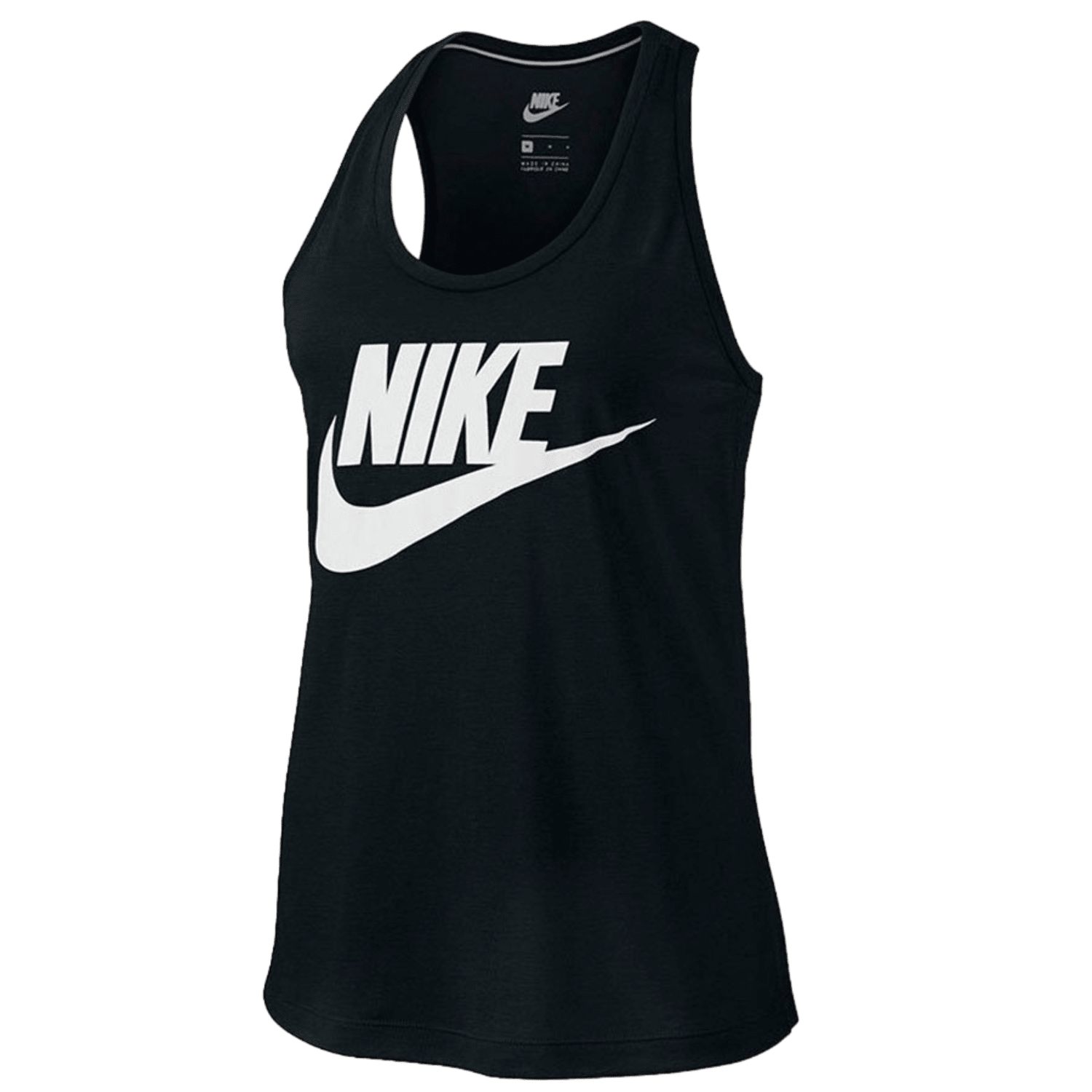The Nike Women's Essential Tank is a black muscle tank top showcasing a striking white Nike logo and swoosh on the front, making it an ideal addition to your athleisure wardrobe.