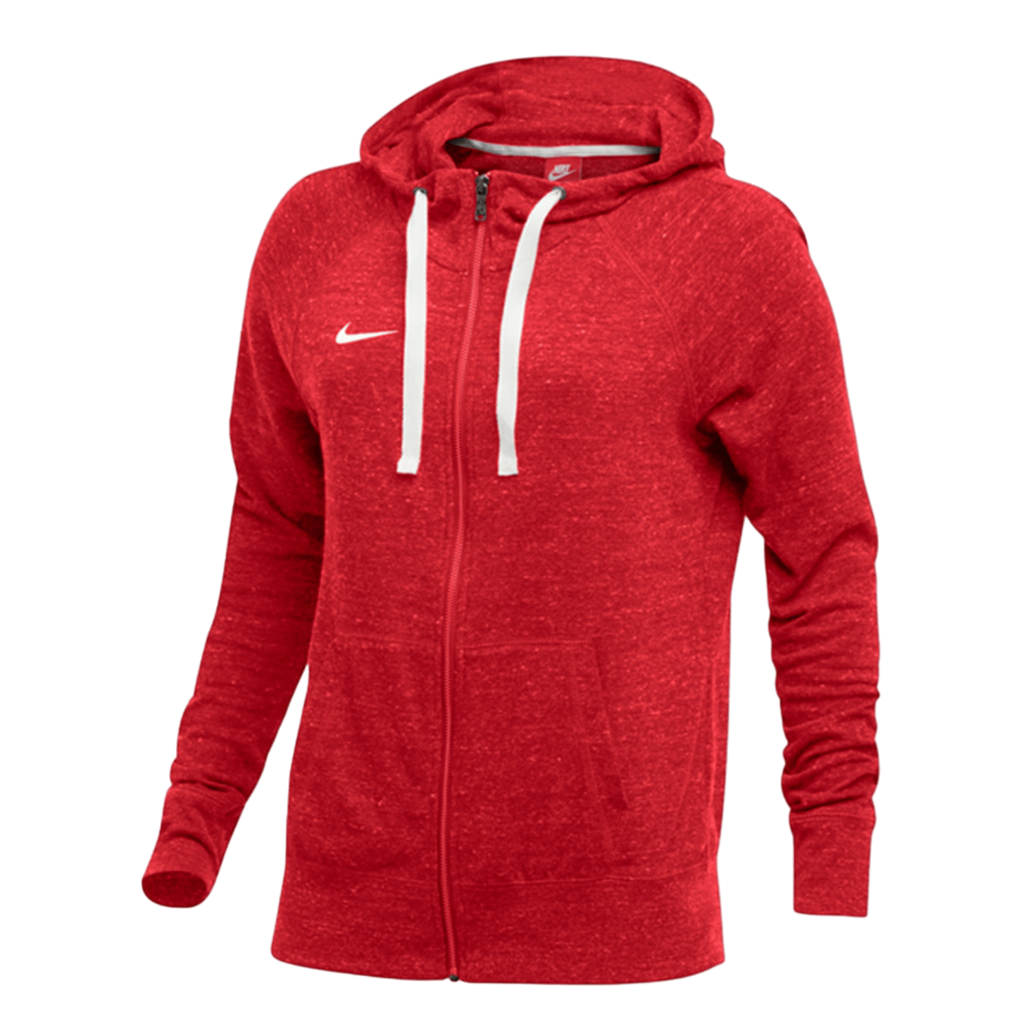 The Nike Women's Gym Vintage Hoodie is a versatile layer, offering lightweight warmth in a red zip-up design with white drawstrings and the iconic Nike logo on the chest. It includes long sleeves and two front pockets, making it ideal for both style and comfort.