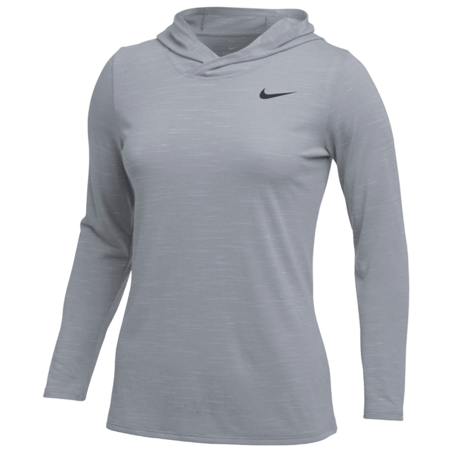 Introducing the Nike AQ3504: a light gray, long-sleeve athletic hoodie featuring a black logo on the chest. This top boasts a heathered texture and efficient sweat-wicking technology, ensuring comfort and style during your training sessions.
