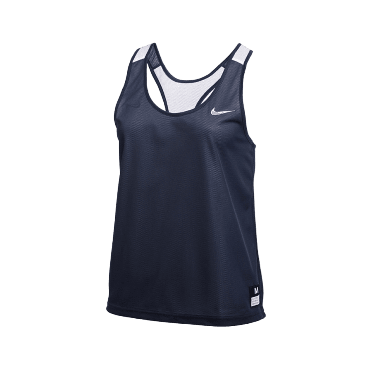 A sleeveless athletic tank top by Nike, featuring a reversible design in navy with white shoulder accents and a small logo on the chest. The lightweight fabric complements its racerback style for optimal performance.