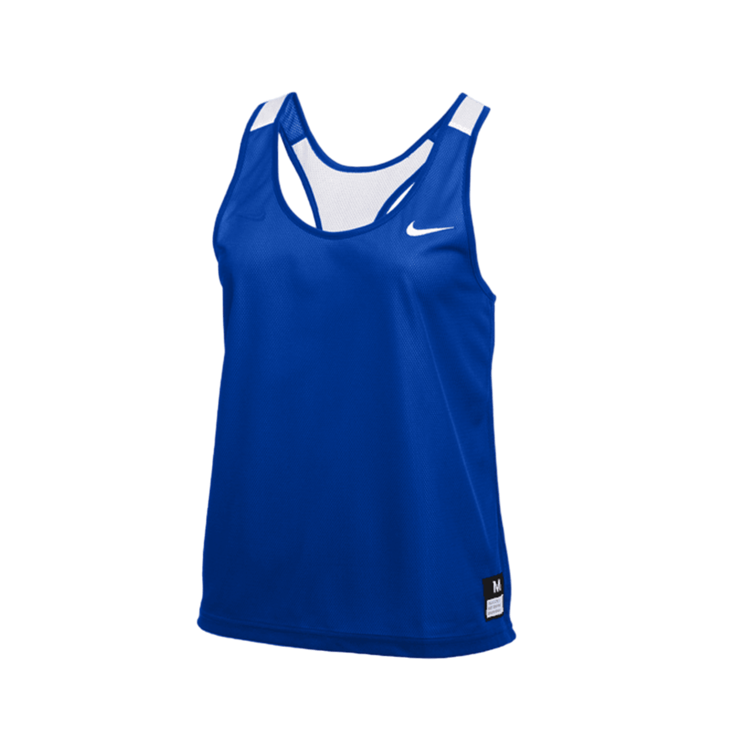 The Nike Women's Stock Club Speed Reversible Pinnie is a blue athletic tank top featuring a racerback design and a small white logo on the front. Its lightweight and breathable material makes it perfect for sports activities.