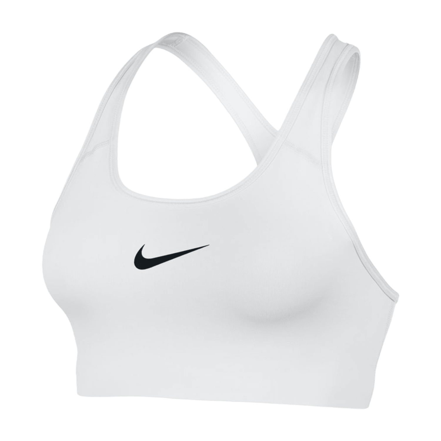 The Nike Women's Swoosh Sports Bra, designed by Nike, boasts a classic white look with a black logo and incorporates Dri-Fit Technology for exceptional comfort. Its racerback design offers medium compression support, making it ideal for all types of workouts. The product is displayed on a transparent background for enhanced visibility.