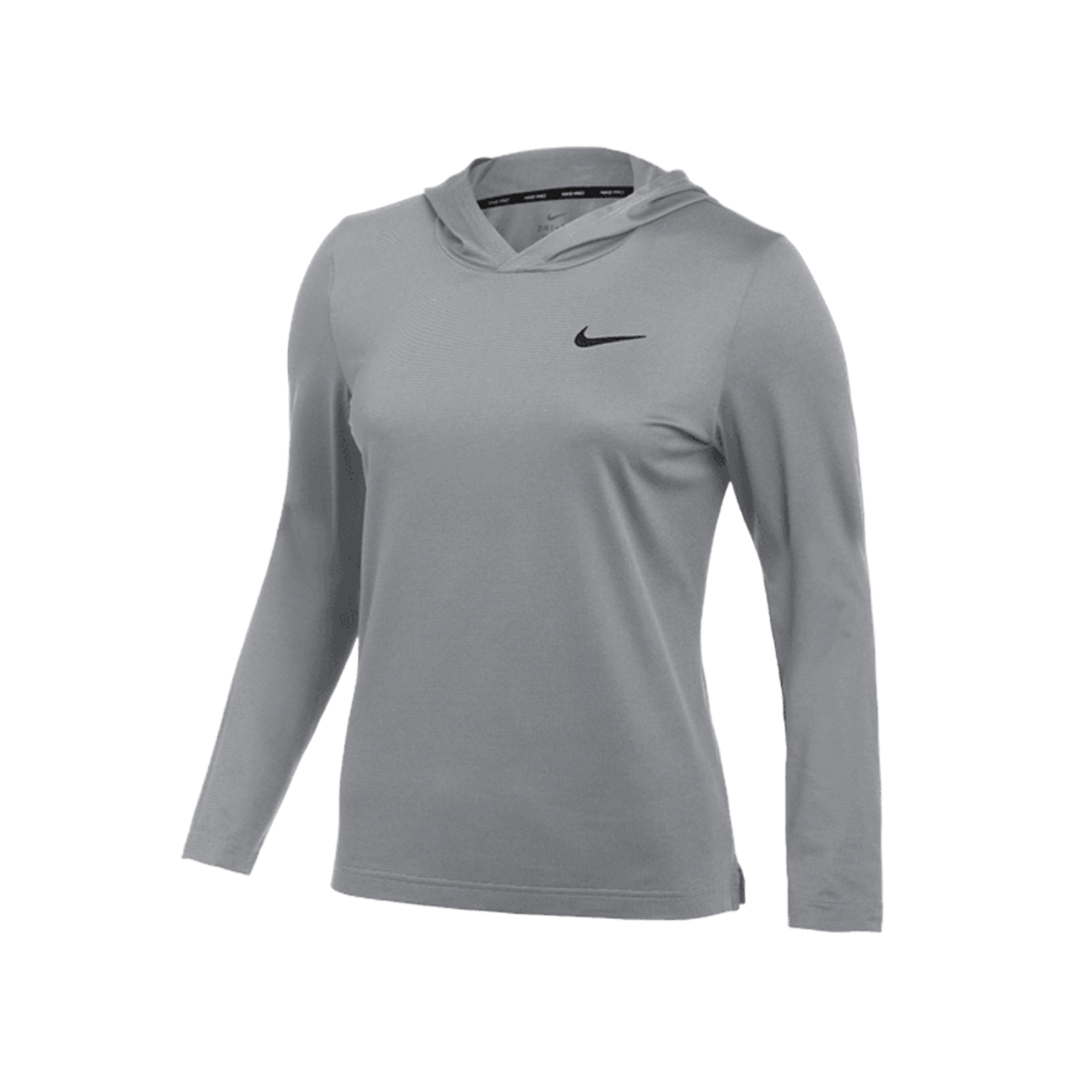 Nike CU9619, a grey long-sleeve hoodie featuring the iconic black swoosh logo on the chest, is crafted from recycled polyester fibers.