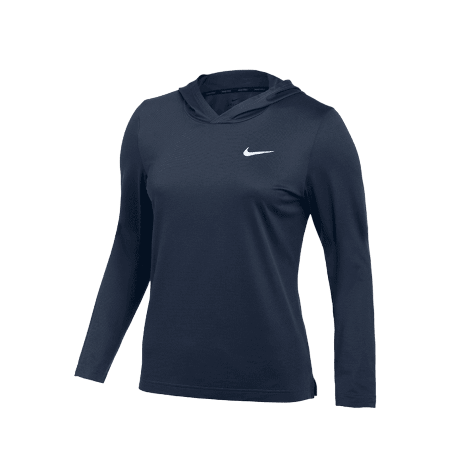 The Nike Women's Team Hyper Dry LS Hooded T-Shirt is a black long-sleeve shirt that showcases the white Nike logo on the left chest. Made from recycled polyester fibers, it offers a minimalist design with Dri-FIT technology for a fitted appearance and maximum comfort.
