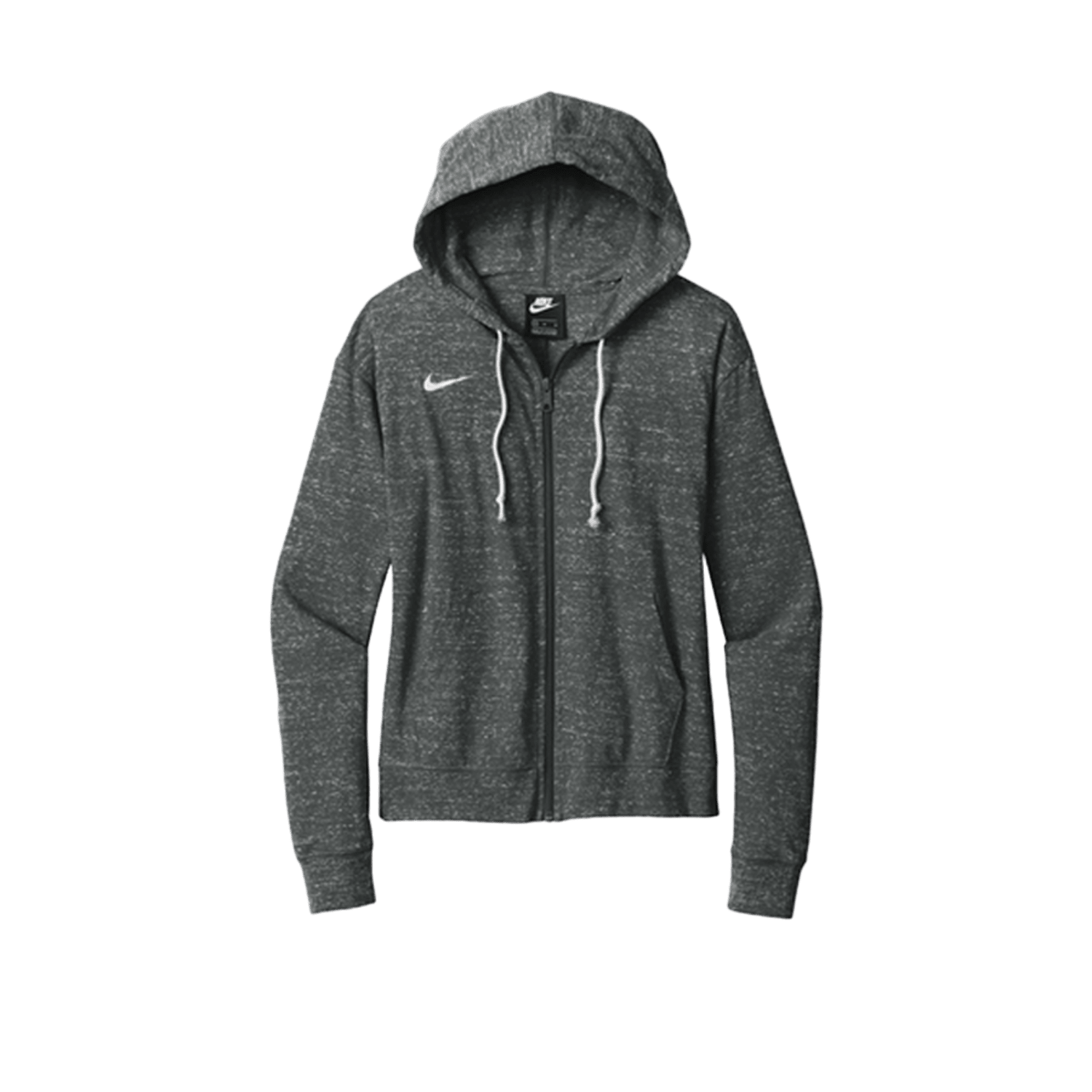 The Nike CN9402 hoodie for women is made from sustainably-grown cotton, ensuring a comfortable fit. It features a charcoal gray zip-up design with an oversized hood and a small white swoosh logo on the left chest.