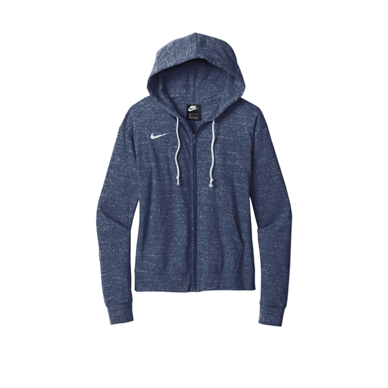 Nike CN9402 Women's Vintage zip-up hoodie in blue, featuring an oversized hood with white drawstrings and a white swoosh logo on the chest. The fabric has a heathered texture and is crafted from sustainably-grown cotton. The hoodie is displayed against a plain green background.