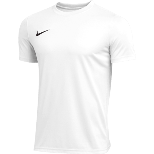 A plain white Nike Youth DriFit Park VII Short Sleeve Jersey featuring a black swoosh logo on the upper left chest, complete with short sleeves and a crew neck.