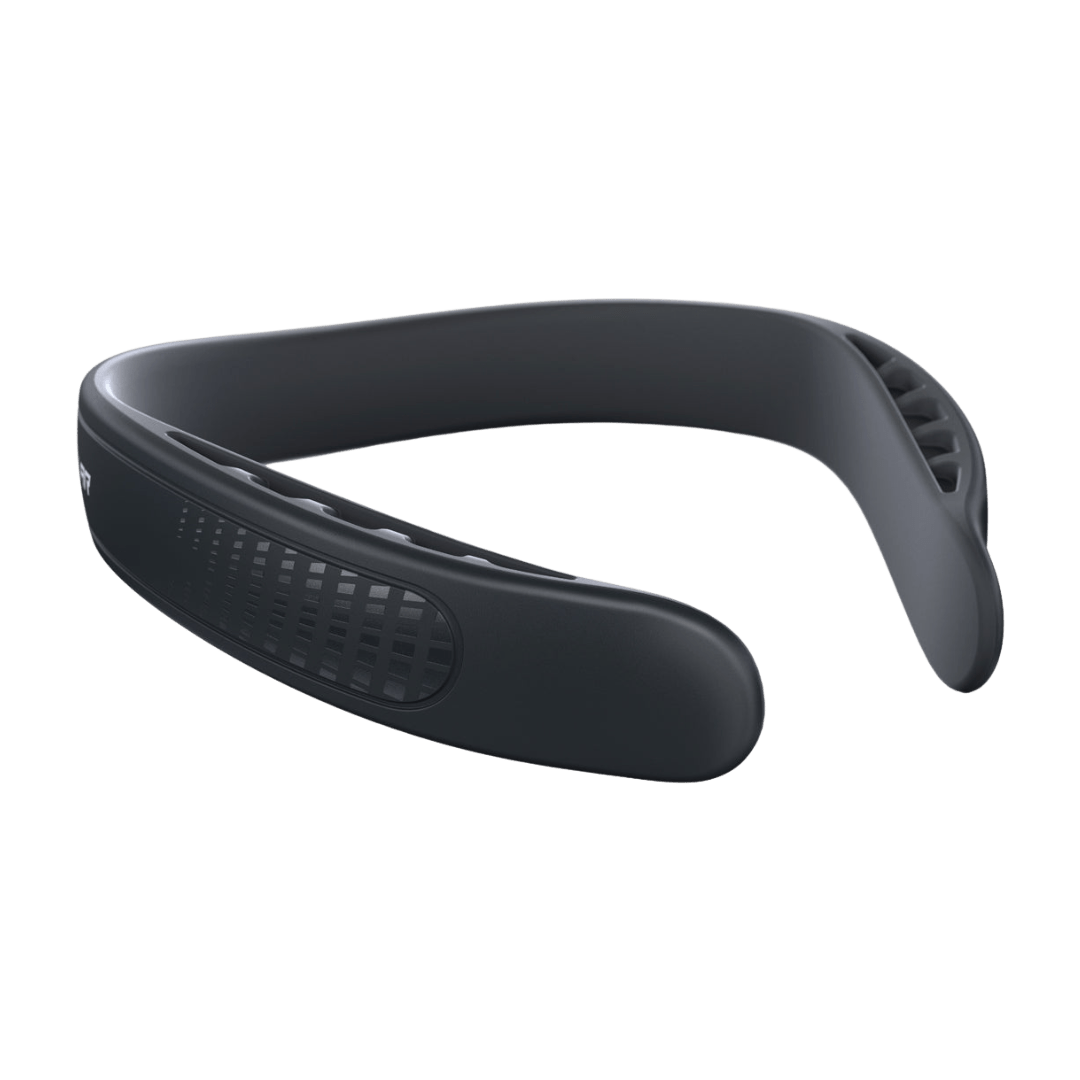 Introducing the Q-Collar, a sophisticated black U-shaped neckband featuring vents and ridges, meticulously crafted for comfortable wear around the neck. Boasting a smooth finish and a lightweight design, this stylish wearable device from Q-Collar is FDA-cleared for brain protection.