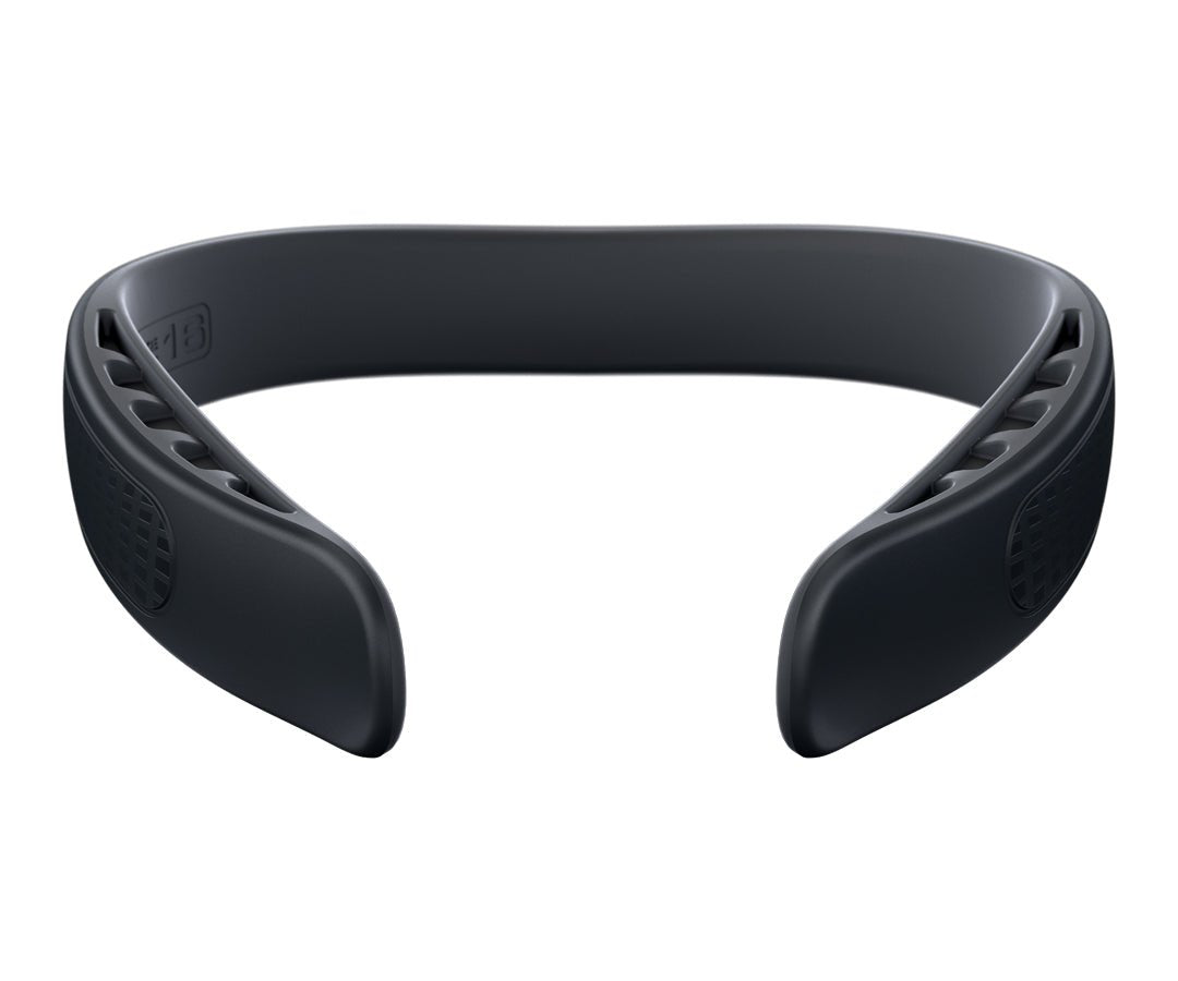 A sleek, black, horseshoe-shaped neckband fan with side vents offers modern cooling while subtly featuring a design inspired by the Q-Collar for enhanced brain protection. Product: 207200-11 by Q-Collar.