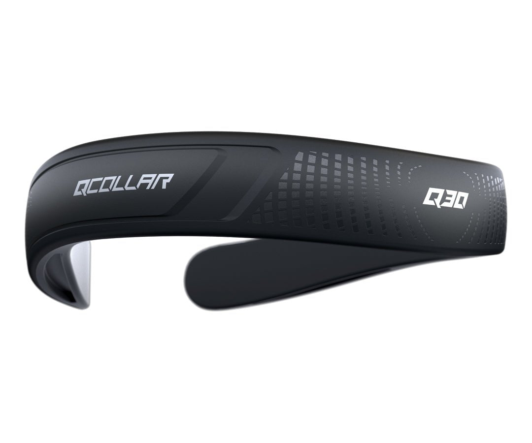 The Q-Collar wearable device in black features a sleek, curved design adorned with small geometric shapes on one side and displays the brand name "Q-Collar" along with the model number in white. This FDA-cleared innovation provides advanced brain protection.
