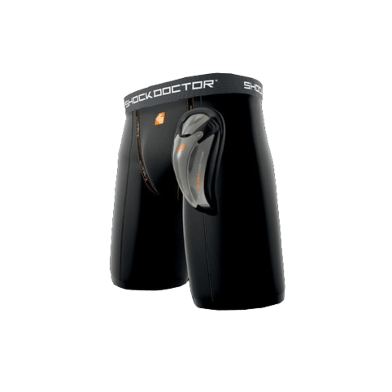 The ShockDoctor Core Compression Short with BioFlex Cup, a best-selling product renowned for its quality, is showcased in black against a plain background. The image highlights the front view with the protective cup attached.