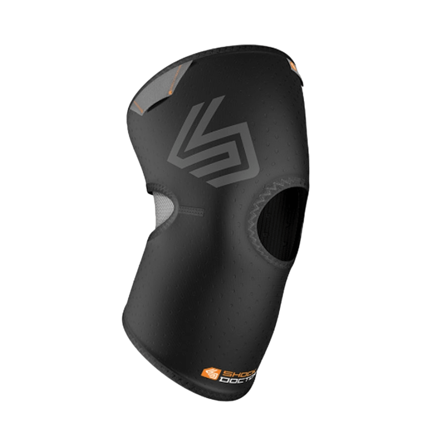 ShockDoctor Knee Compression Sleeve in black, featuring an open patella with a ventilated design and accented with a subtle orange and gray logo.