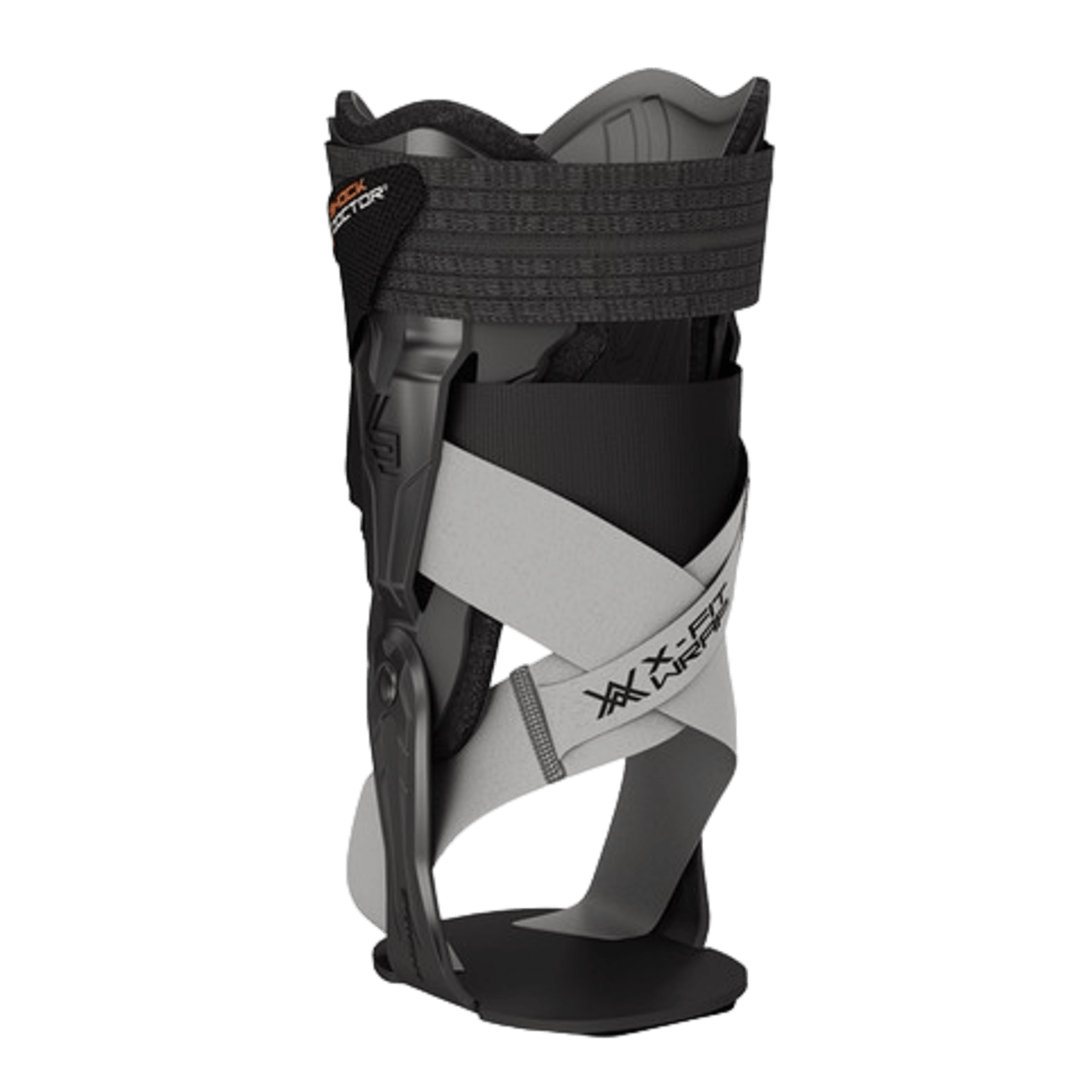 Introducing the Shock Doctor V-Flex Right Ankle Brace by ShockDoctor, featuring a sleek black and gray design. This brace offers multiple adjustable straps for maximum support and stability, a durable frame for lasting wear, and soft padding for added comfort. A discreet logo is elegantly placed on one of the straps.