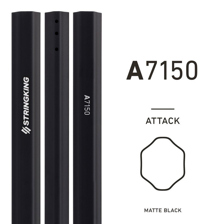 Image of three stylish black StringKing A7150 Lacrosse Shafts, each marked with a small octagonal shape illustration. Tailored for youth players, the design boasts "ATTACK" prominently in bold text on its matte black exterior.