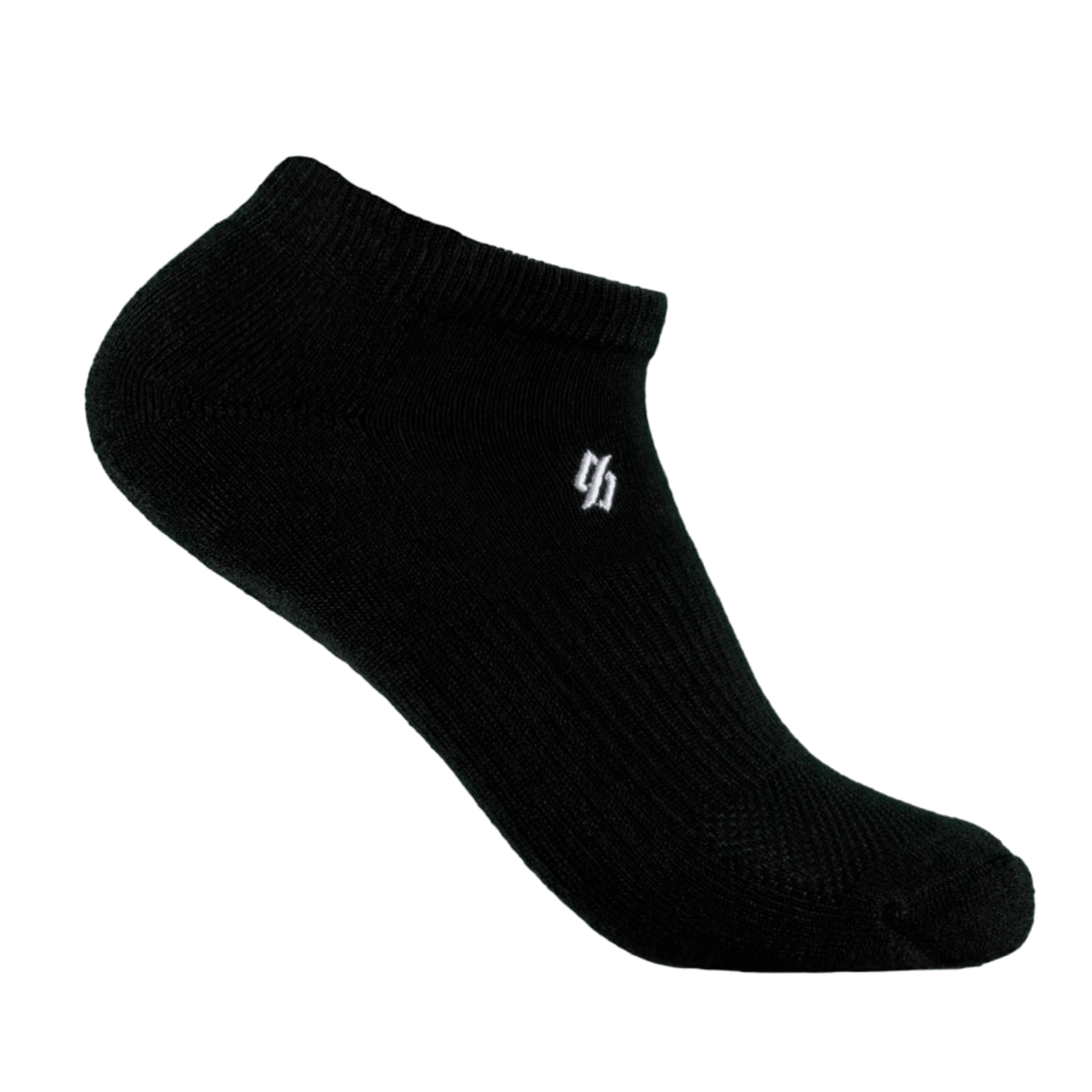 A single black StringKing Athletic Low Cut Sock is showcased against a plain background, highlighting a small white embroidered logo on the side. Made with TENCEL for enhanced comfort and durability.