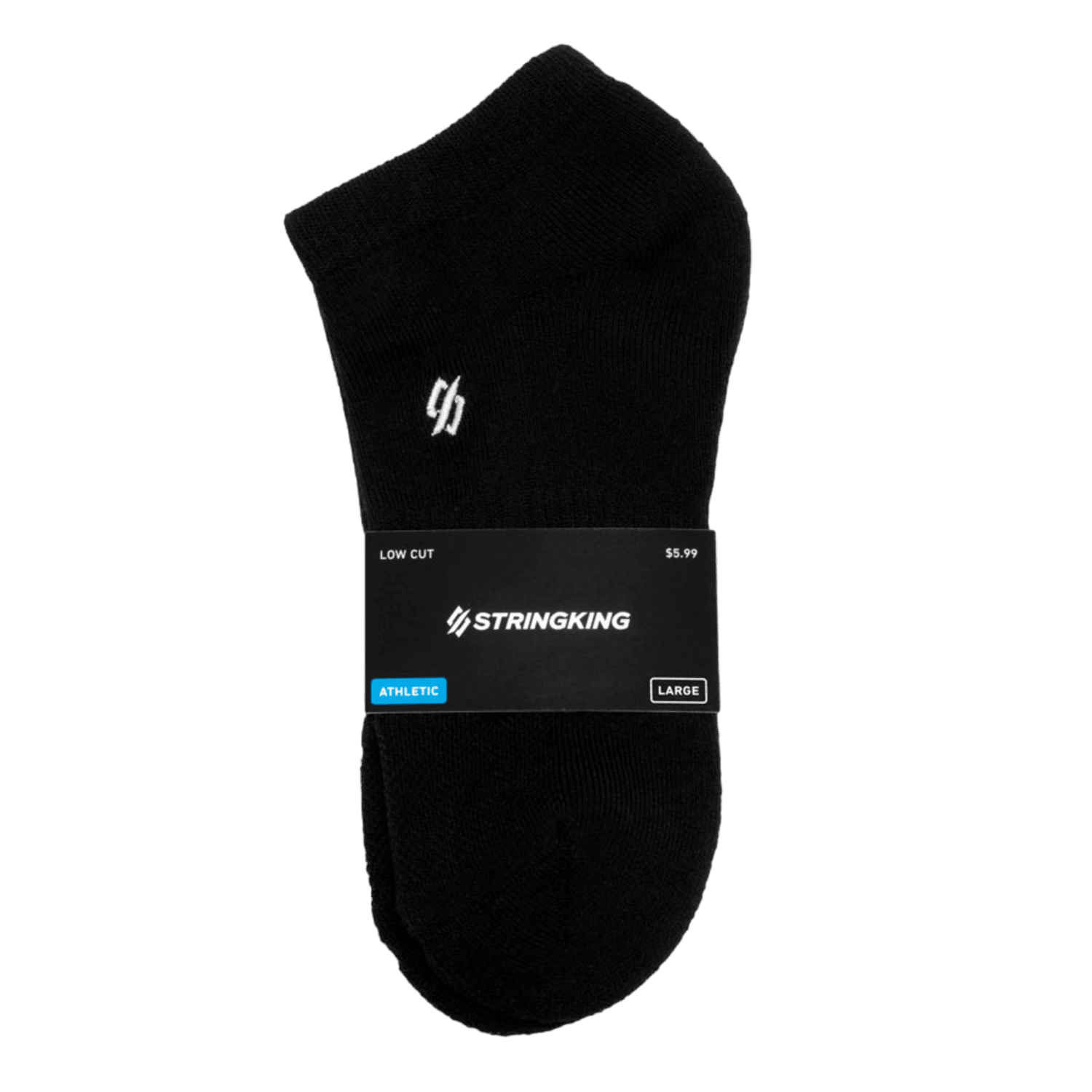 StringKing Athletic Low Cut Socks in black, size large, feature a discreet logo and are made with TENCEL for enhanced comfort. They come in a stylish black label package and are priced at $5.99.