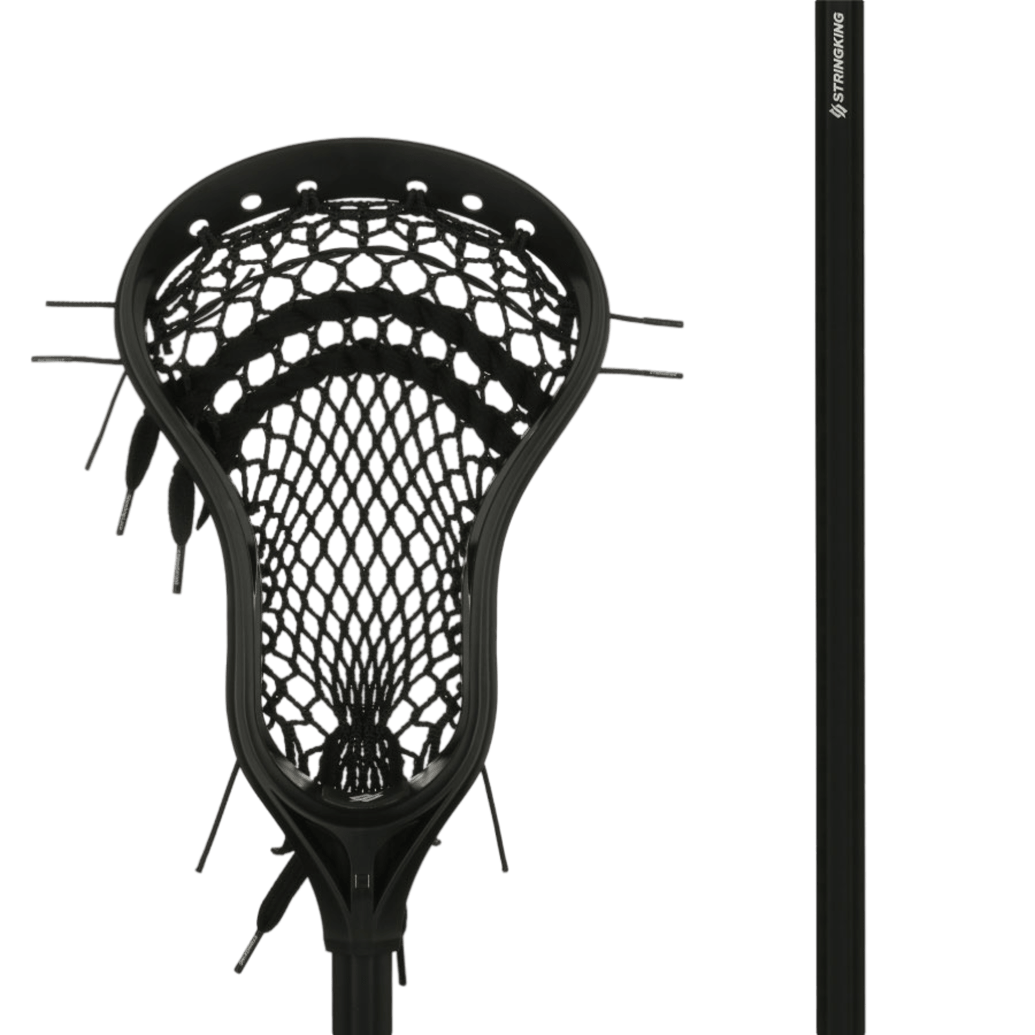 A black Complete 2 - Attack - Intermediate lacrosse stick from Stringking is displayed on the left side of the image, highlighting its Legend Head with Type 3 Semi-Soft mesh, while the shaft is prominently shown on the right. The stick looks new and unused against a solid green background.