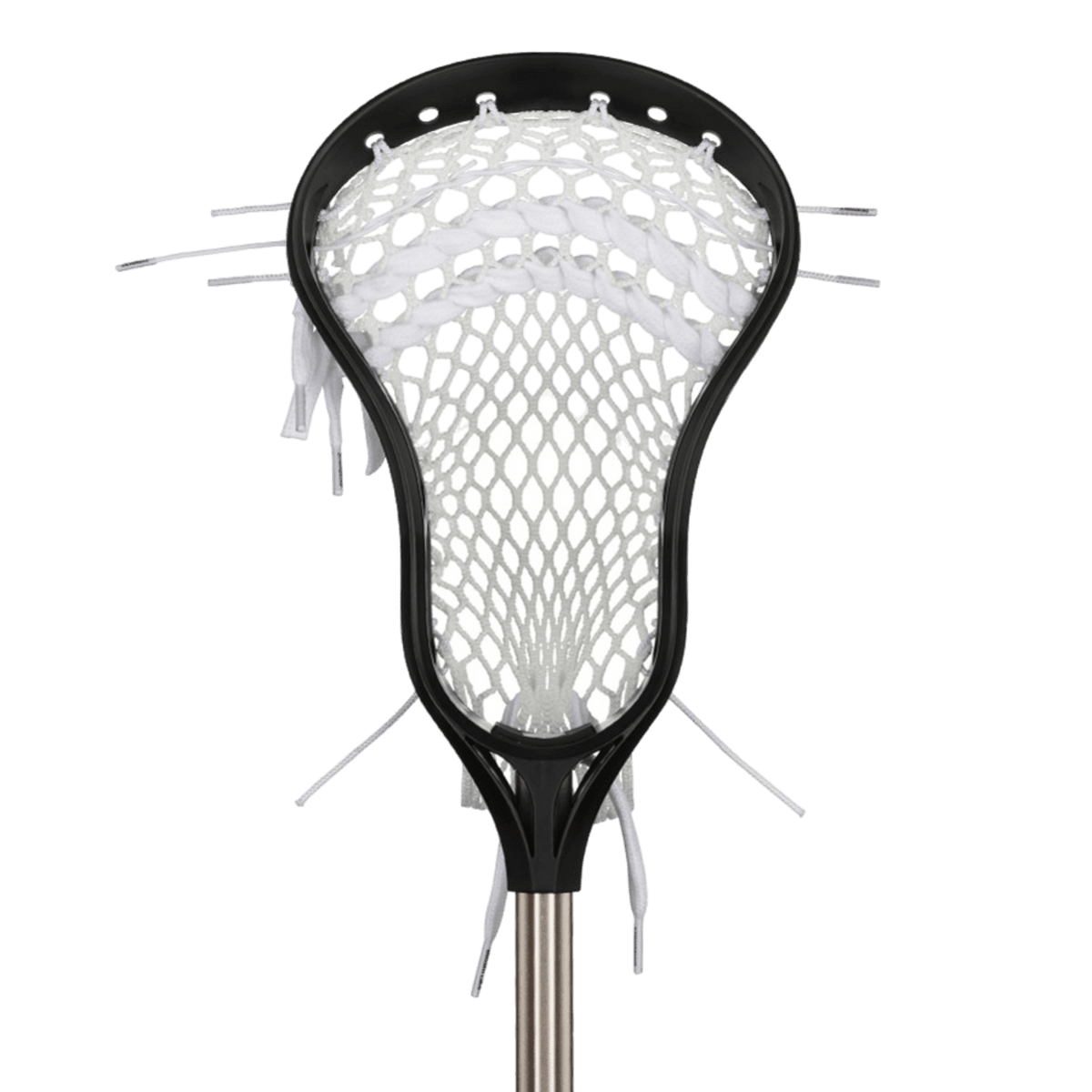 Close-up view of a StringKing Complete Jr. complete stick head, featuring a black frame and white netting, set against a plain green background—perfect for youth lacrosse players.