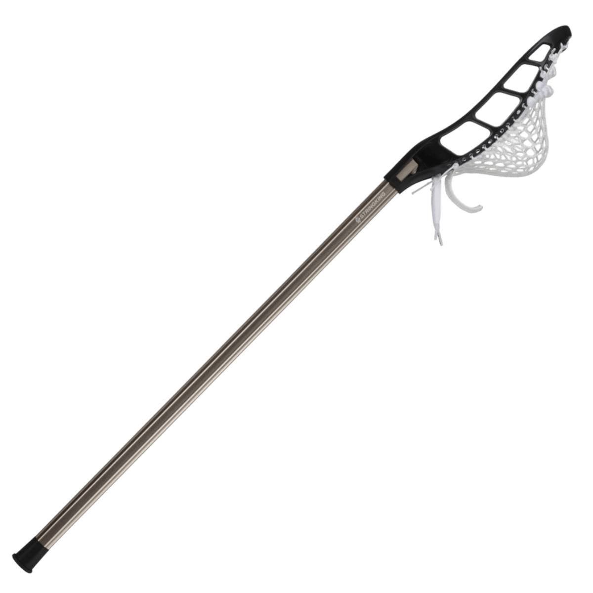 The StringKing Complete Jr. Complete Stick, a lacrosse stick by StringKing that's ideal for youth players, features a black head and mesh net on a metallic shaft, elegantly displayed against a white background.