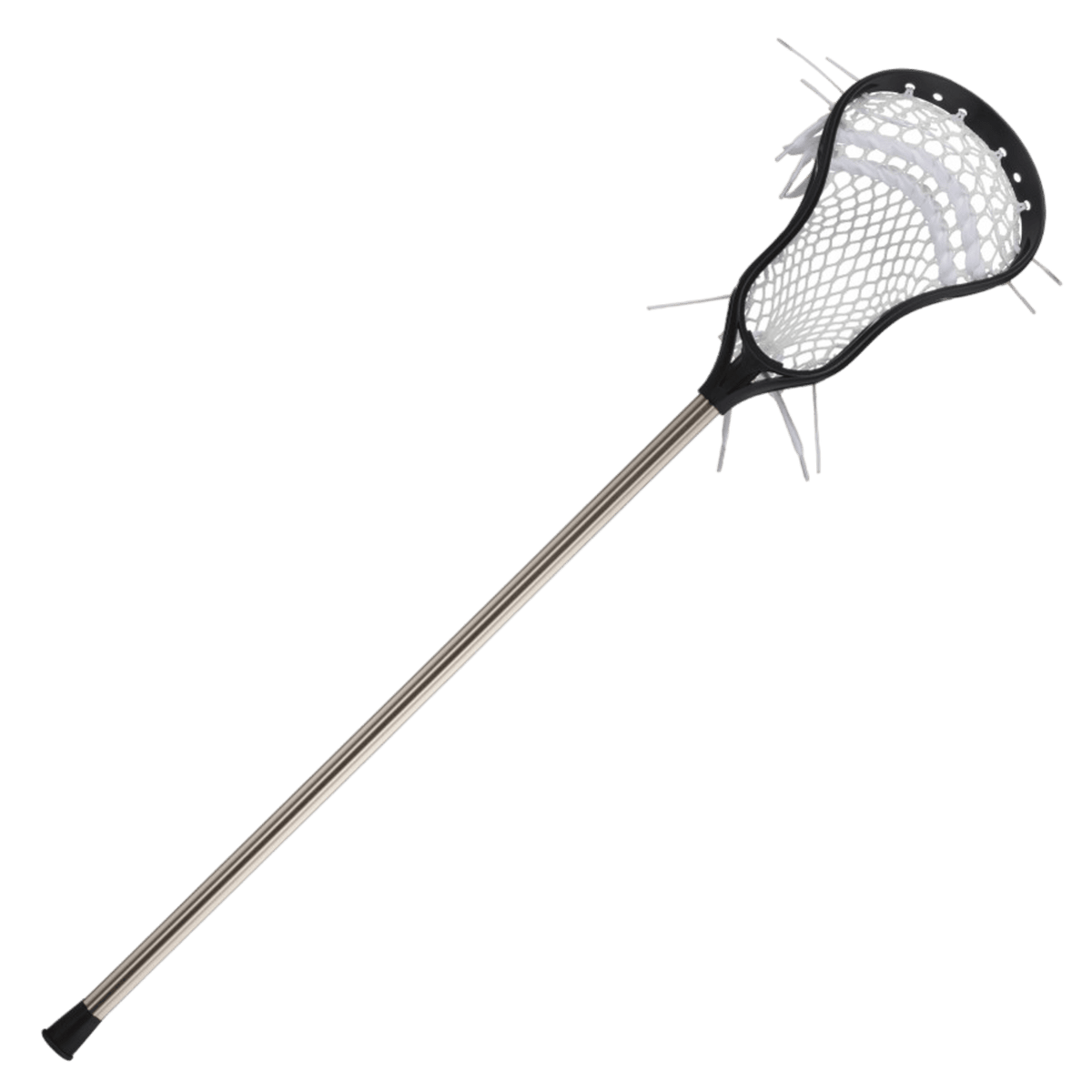 The StringKing Complete Jr. Complete Stick is a lightweight, beginner lacrosse stick featuring a black head with white netting and a silver shaft, isolated on a white background—perfect for youth lacrosse players.