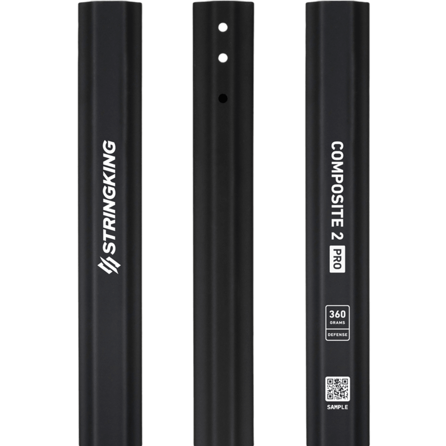 Three views of a black StringKing Composite 2 Pro Defense Lacrosse Shaft display the branding, with "StringKing" on the left and "Composite 2 Pro" on the right, alongside a QR code marking "360 grams Defense." The center view highlights its side profile with holes, showcasing the Smart Taper technology in this carbon lacrosse shaft.