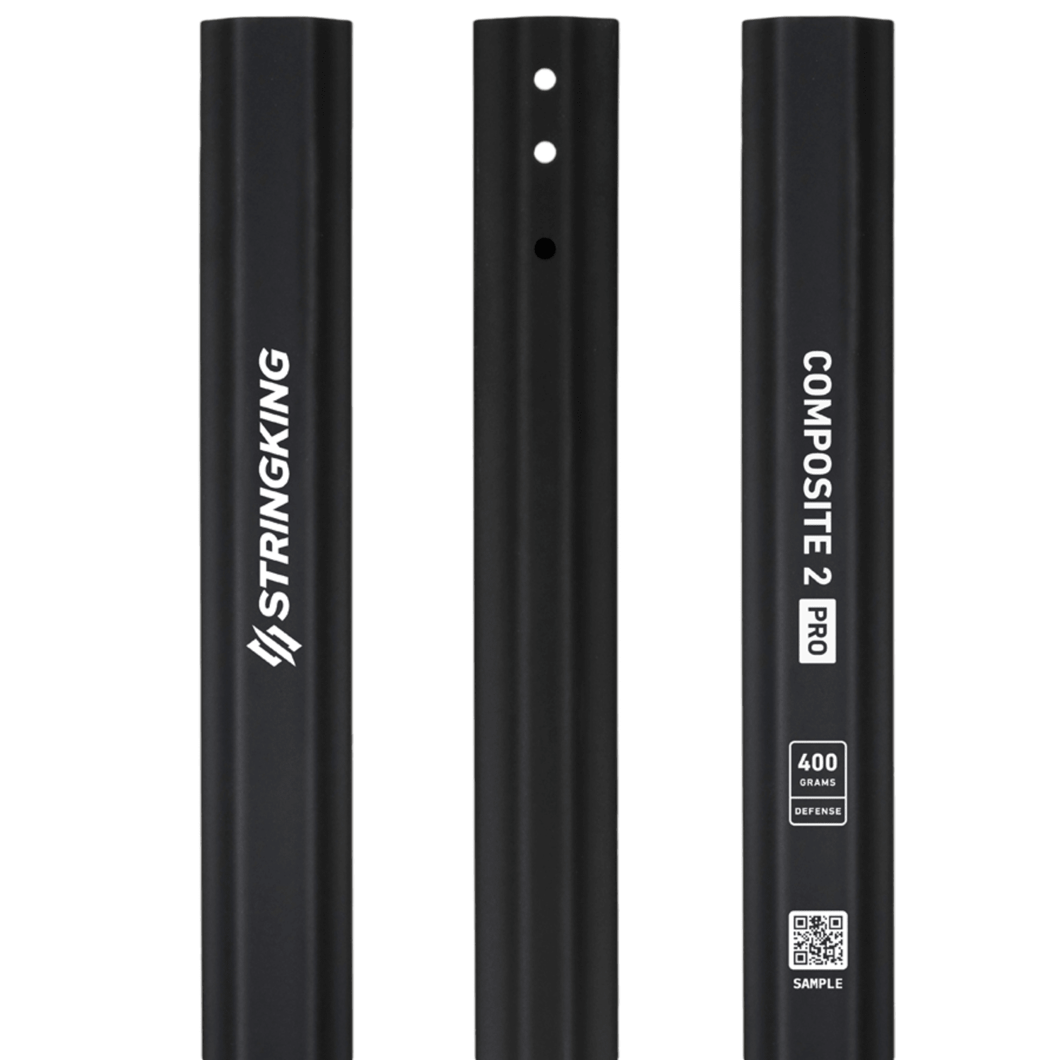 Three black segments of a lacrosse shaft stand vertically. The left one reads "StringKing." The middle segment features two small holes, while the right one—labeled "Composite 2 Pro"—emphasizes its carbon lacrosse shafts with Smart Taper technology, specifications, and includes a QR code for additional information.