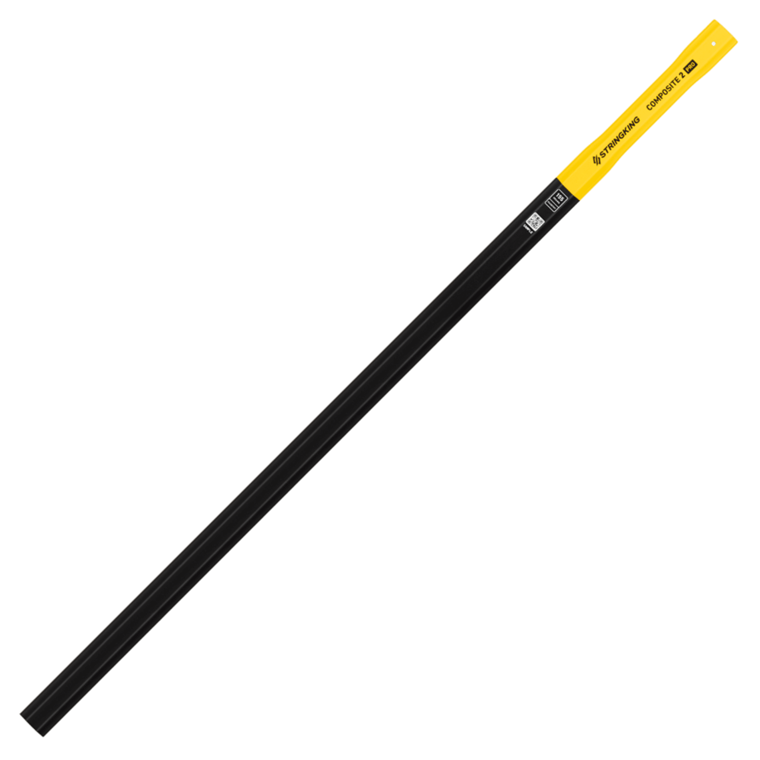 A StringKing Composite 2 Pro FaceOff Lacrosse Shaft, designed with a sleek carbon-like finish, rests diagonally on a white background. This black graphite pencil-inspired design features a yellow "Staedtler" and "Germany 120" label.