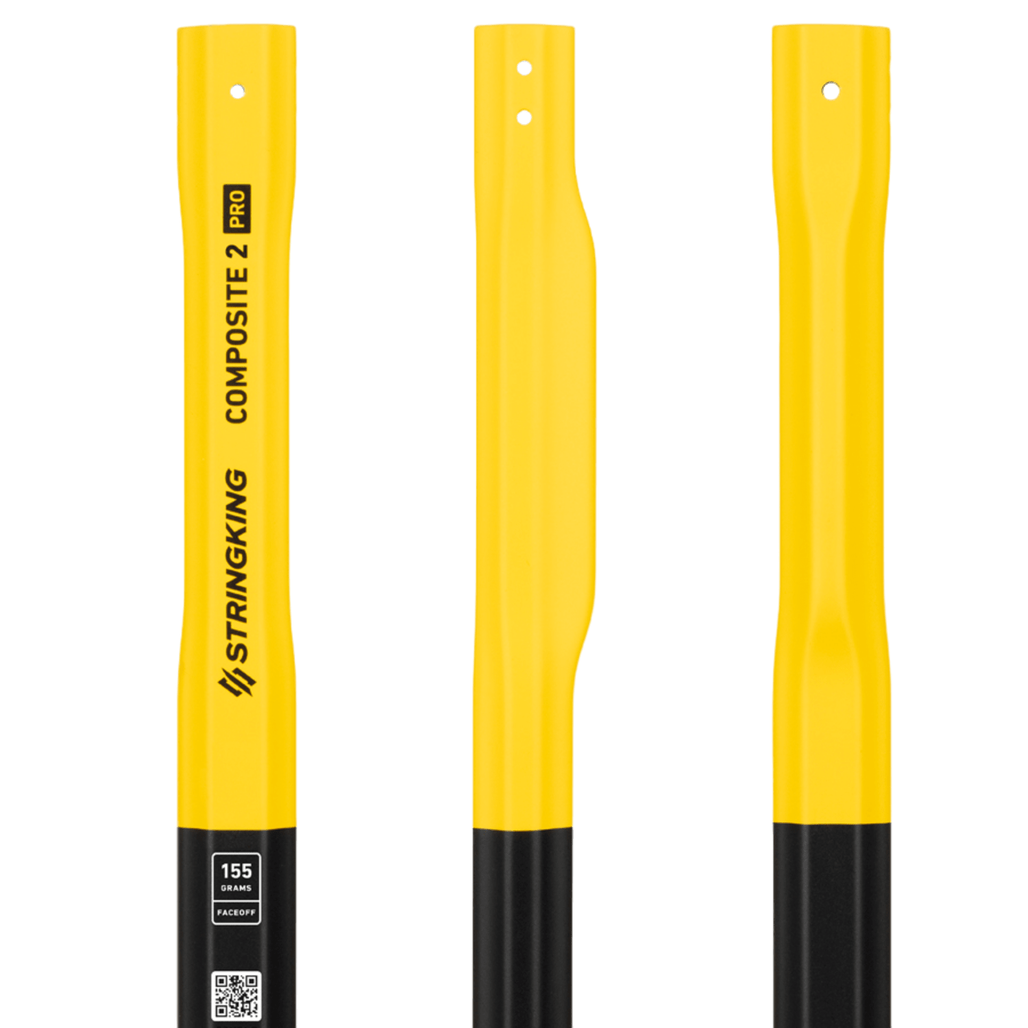 The StringKing Composite 2 Pro FaceOff lacrosse shafts, in a striking yellow and black design with "StringKing Composite 2 Pro" and "155" inscriptions, stand out against a white backdrop. These sleek shafts are engineered with Smart Taper technology to ensure peak performance from every angle.