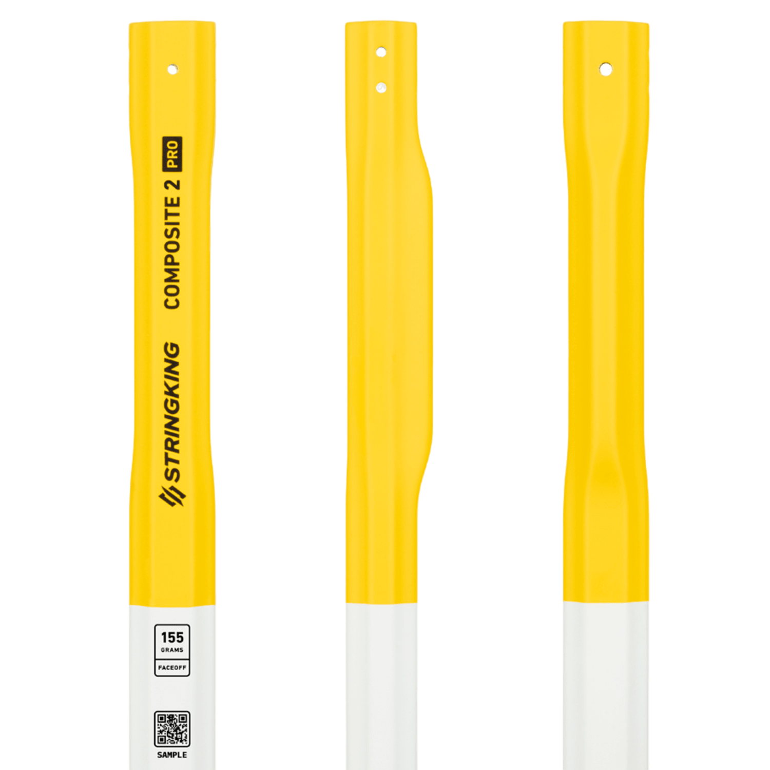 The StringKing Composite 2 Pro FaceOff Lacrosse Shaft is displayed in three views, showcasing its yellow and white design. The shaft features "STRINGKING COMPOSITE 2 PRO" printed in black, along with a QR code and detailed specifications. Its smooth, streamlined look is further refined by the use of Smart Taper technology.