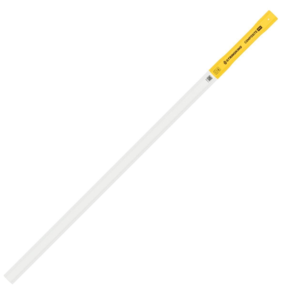 A long, white measuring stick with a yellow handle is designed with impact resistance in mind. The handle displays printed text and branding, reflecting the durability similar to the Stringking Composite Pro Lacrosse Shaft by Stringking.