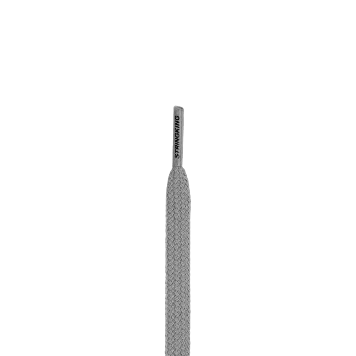 A close-up view of a single, gray, braided shoelace against a plain green background. The tip of the StringKing Goalie Bottom Lace from the brand Stringking has "STRONGKING" printed on it in black letters, highlighting its exceptional quality reminiscent of durable goalie mesh.