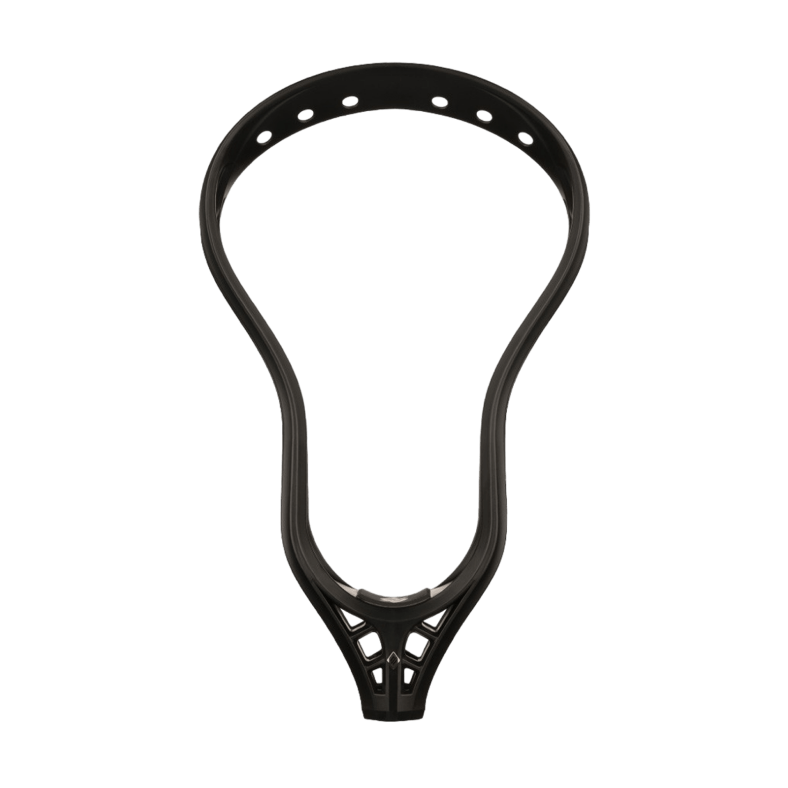 The StringKing Mark 2A Lacrosse Head, designed specifically for attackmen, is set against a green background. It features a stylish black frame with numerous stringing holes and an open throat design.