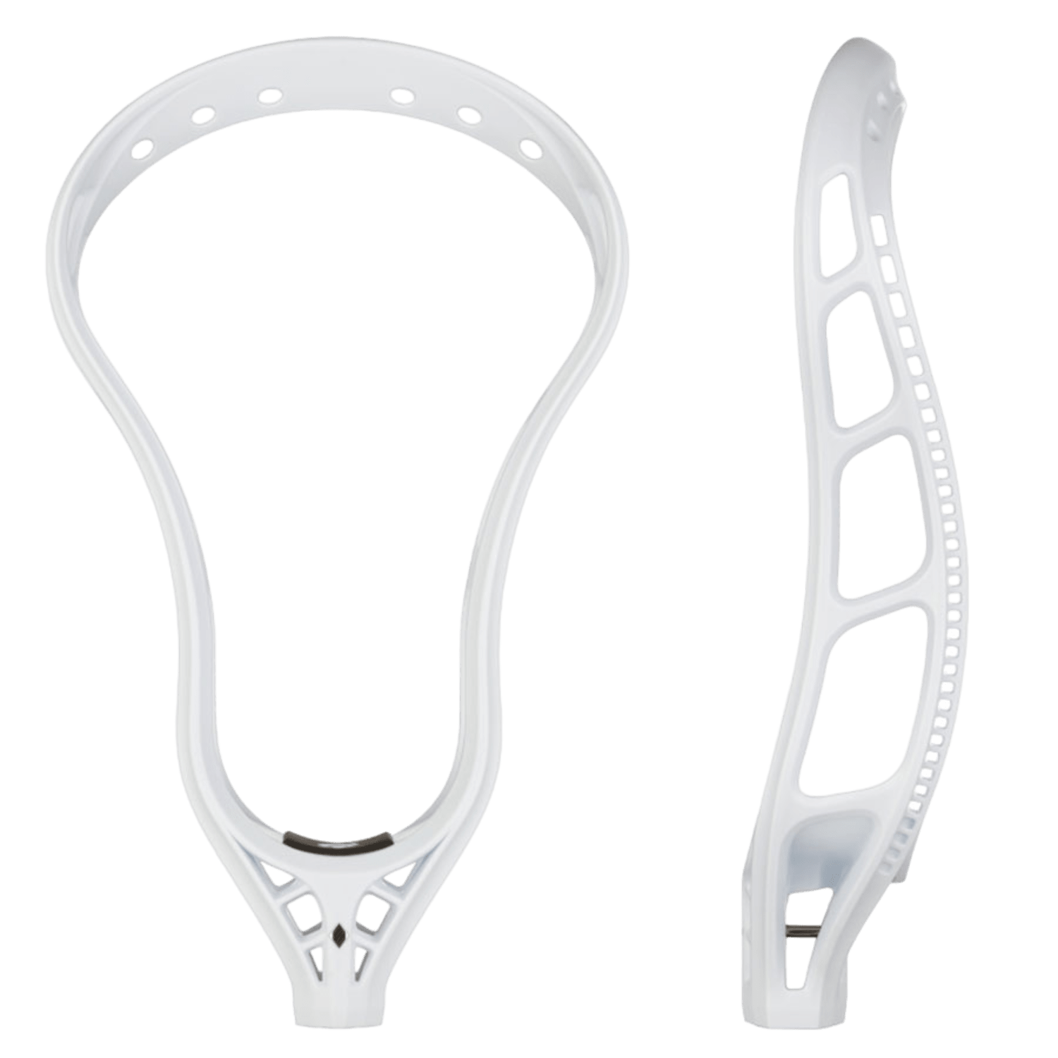 Two lacrosse heads are showcased against a white backdrop. The StringKing Mark 2A Lacrosse Head, designed for attackmen, is displayed with its front view revealing six top-edge holes. The other head is presented from the side to emphasize its curved design and various cutouts.