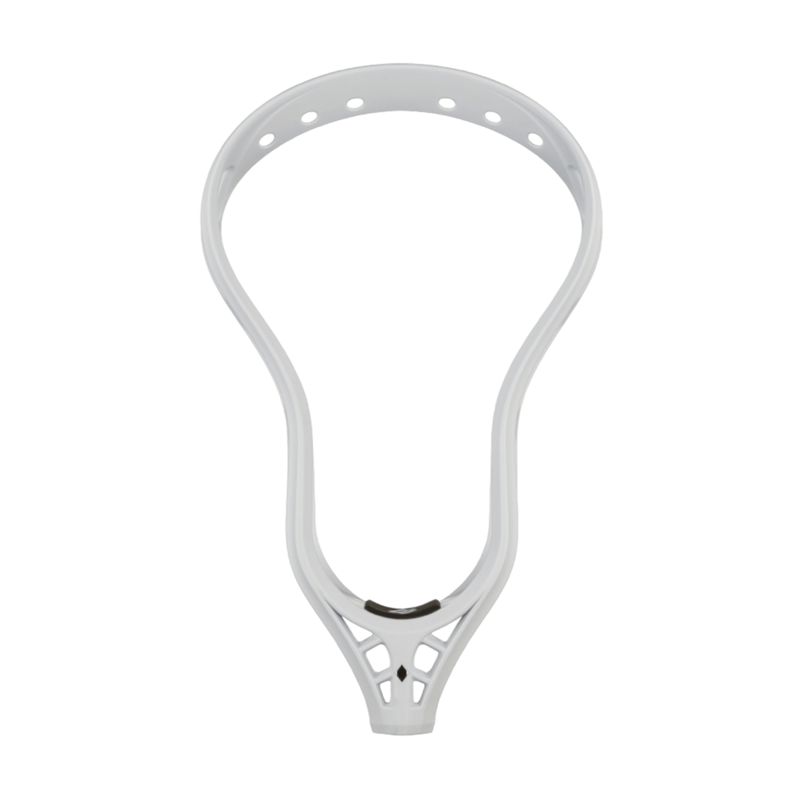 The StringKing Mark 2A Lacrosse Head, known for its slightly curved design and broad top, is ideal for attackmen. It boasts multiple stringing holes that allow for precise net attachment, enhancing both catching and passing accuracy against a transparent backdrop.