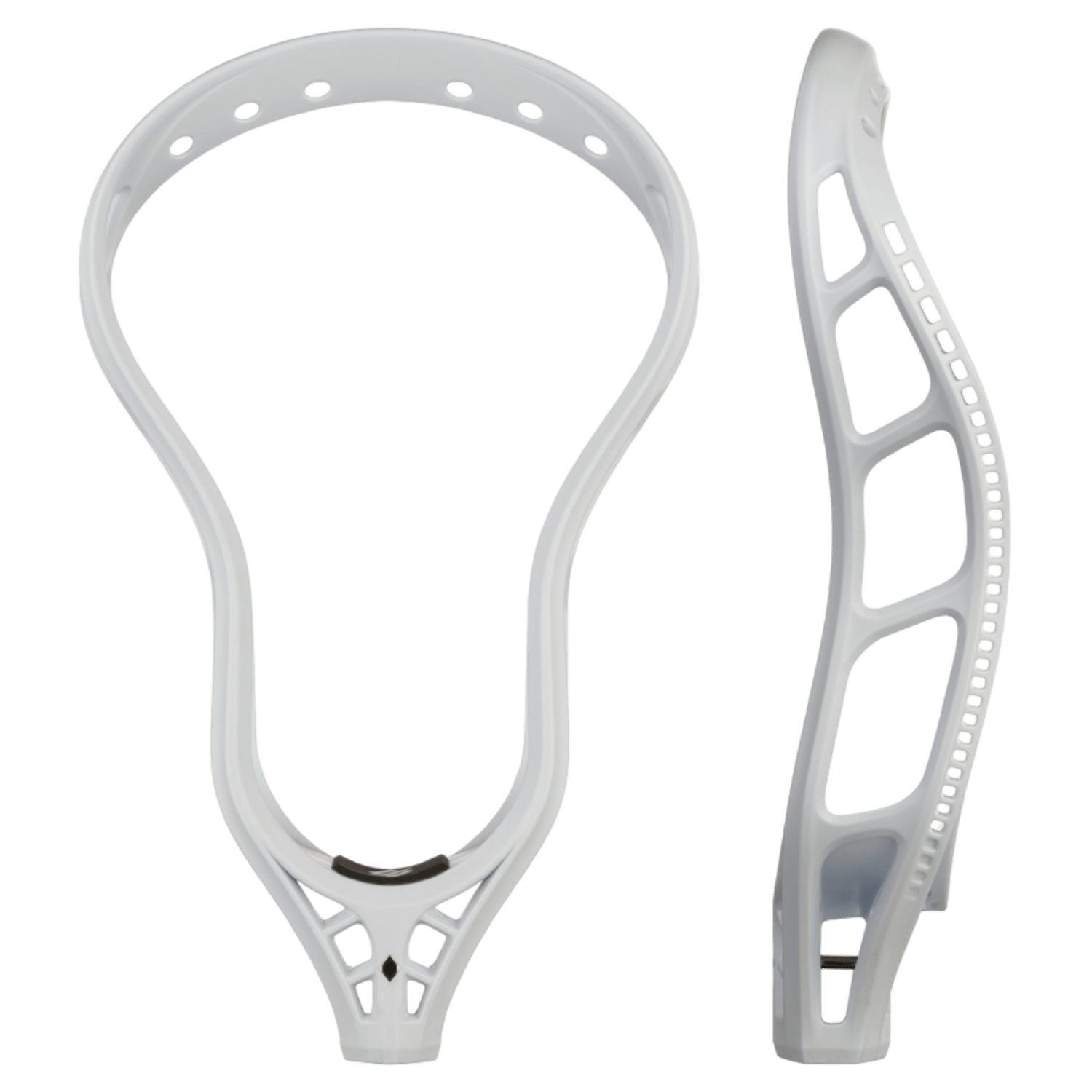 The StringKing Mark 2D Lacrosse Head is illustrated from two perspectives: a front view showcasing its oval shape and stringing holes designed for superior ground ball pickups, and a side view emphasizing its curved structure and innovative design.