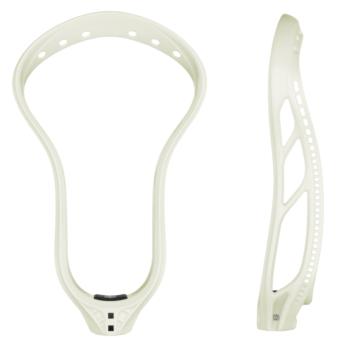 Two perspectives of a white lacrosse head: the front view reveals its open, oval shape with numerous holes for improved ball control, akin to the StringKing Mark 2F Raw Lacrosse Head. The side view displays a subtly curved design with slotted cutouts for reduced weight.