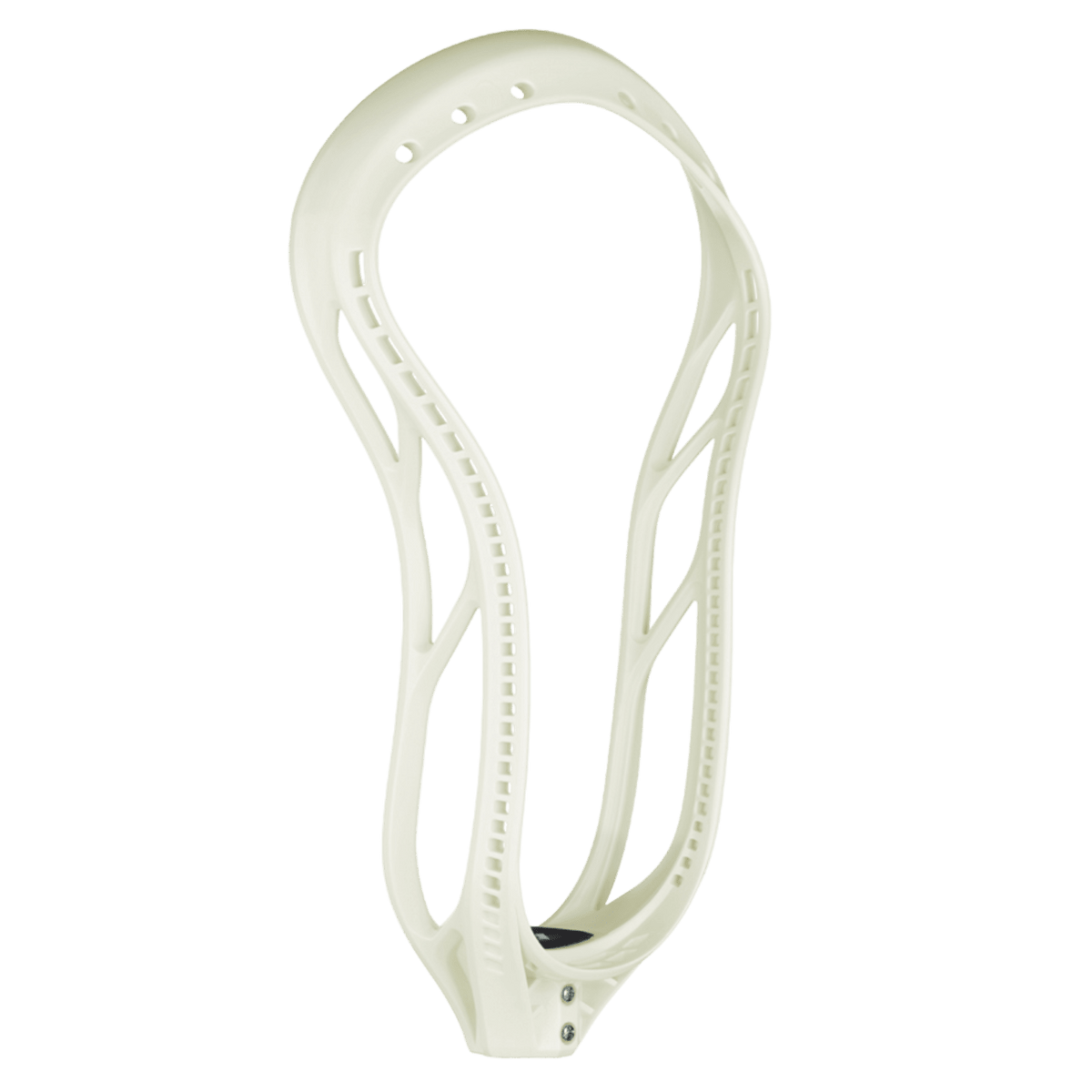 Set against a plain green background, the sleek and modern StringKing Mark 2F Raw lacrosse head is featured. This faceoff head is equipped with multiple stringing holes and a narrow, symmetrical design crafted for optimal ball control during gameplay.