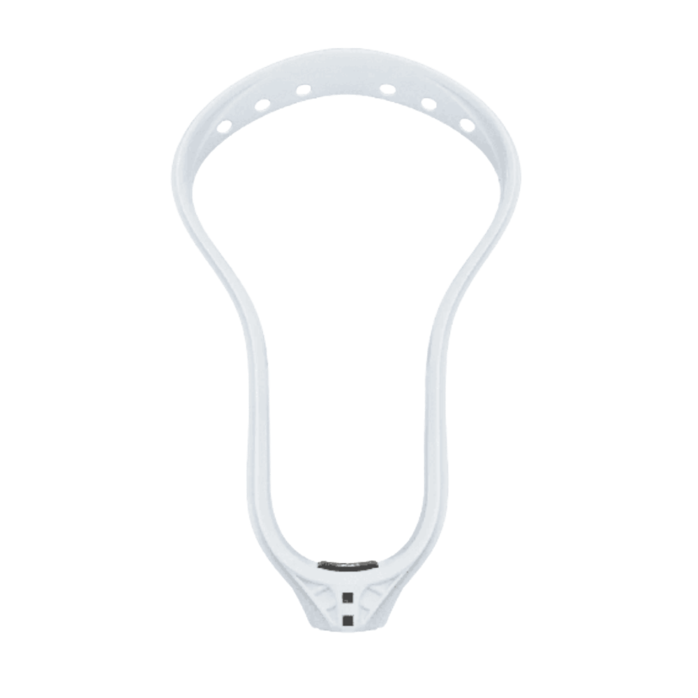 The StringKing ITM-0004231 lacrosse head is crafted for faceoffs and boasts a white frame with numerous stringing holes along its edges. Its enhanced clamp provides superior grip and precision, making it an exceptional choice on the field.