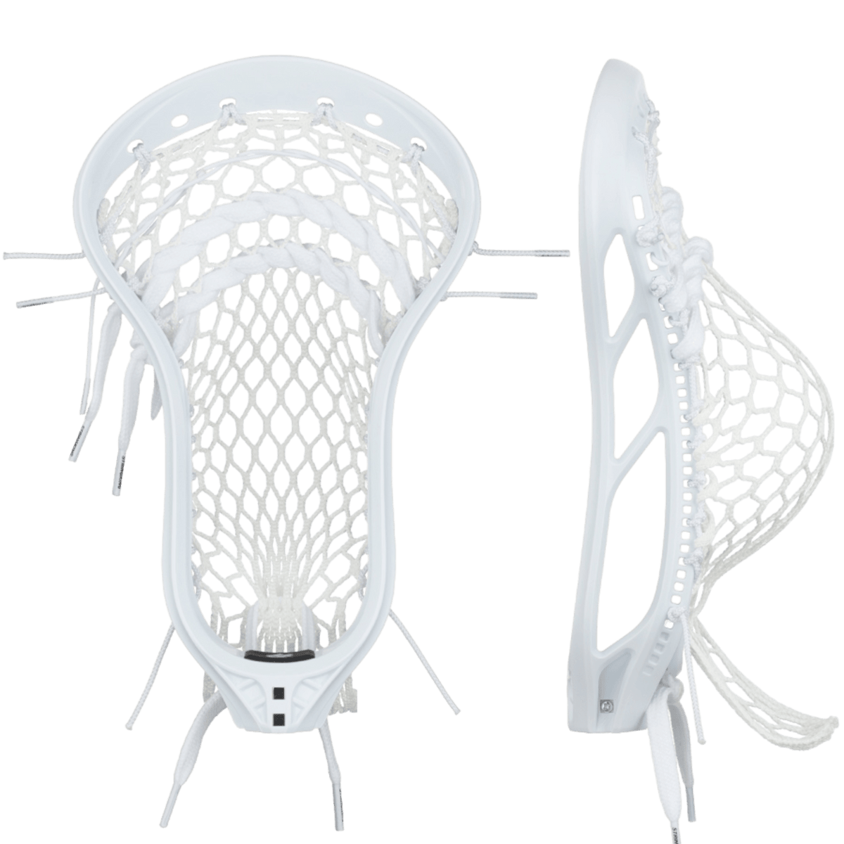 Two StringKing Mark 2F Strung Lacrosse Heads in white are displayed from various perspectives. One is shown from the front, while the other is positioned at an angle, highlighting its outstanding ball control capabilities with a detailed mesh pattern and robust white frame. Ideal for players looking for premium face-off heads.