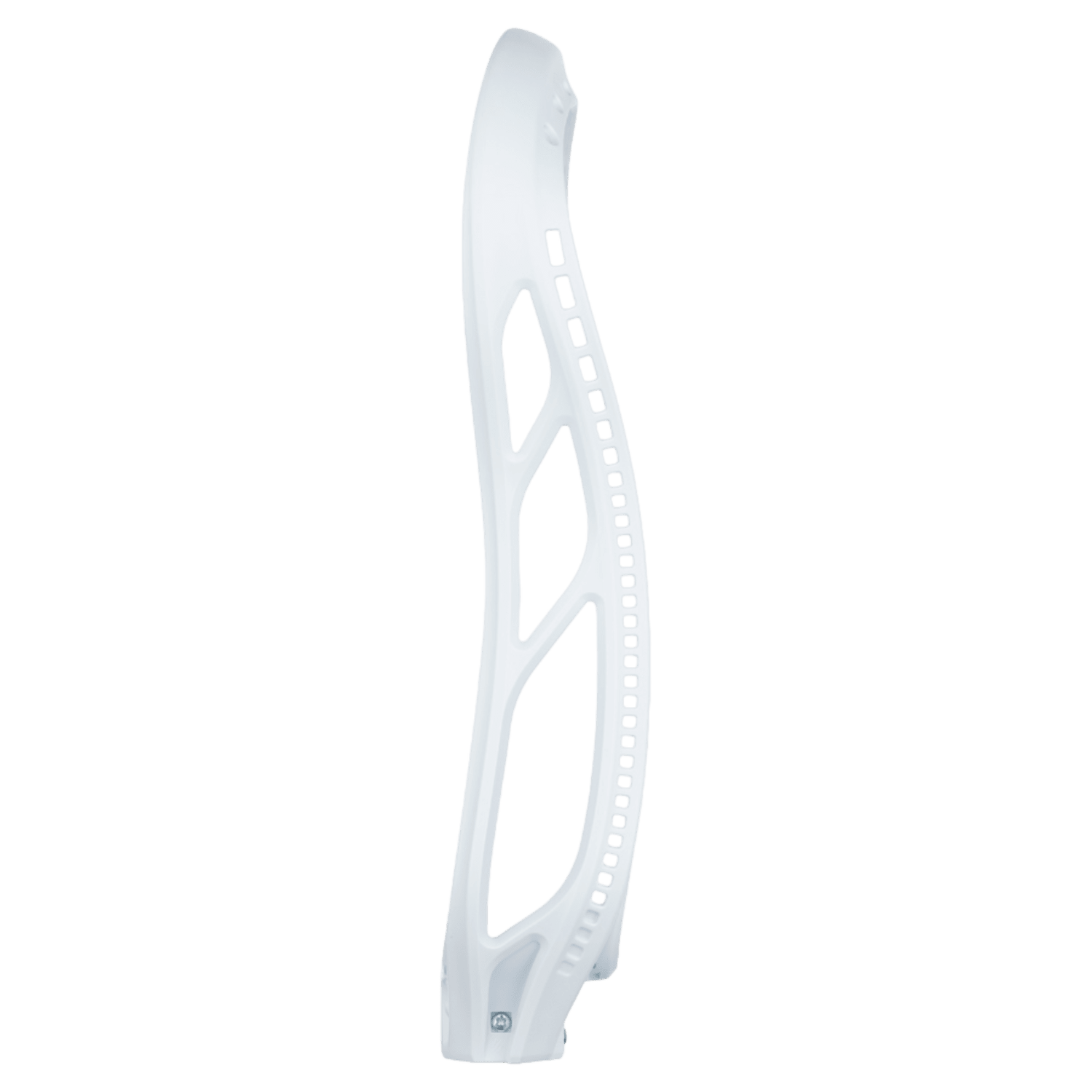 Side view of the Mark2F Unstrung lacrosse face-off head by Stringking, highlighting its sleek and curved design with multiple cutouts for lightweight performance and improved ball control.