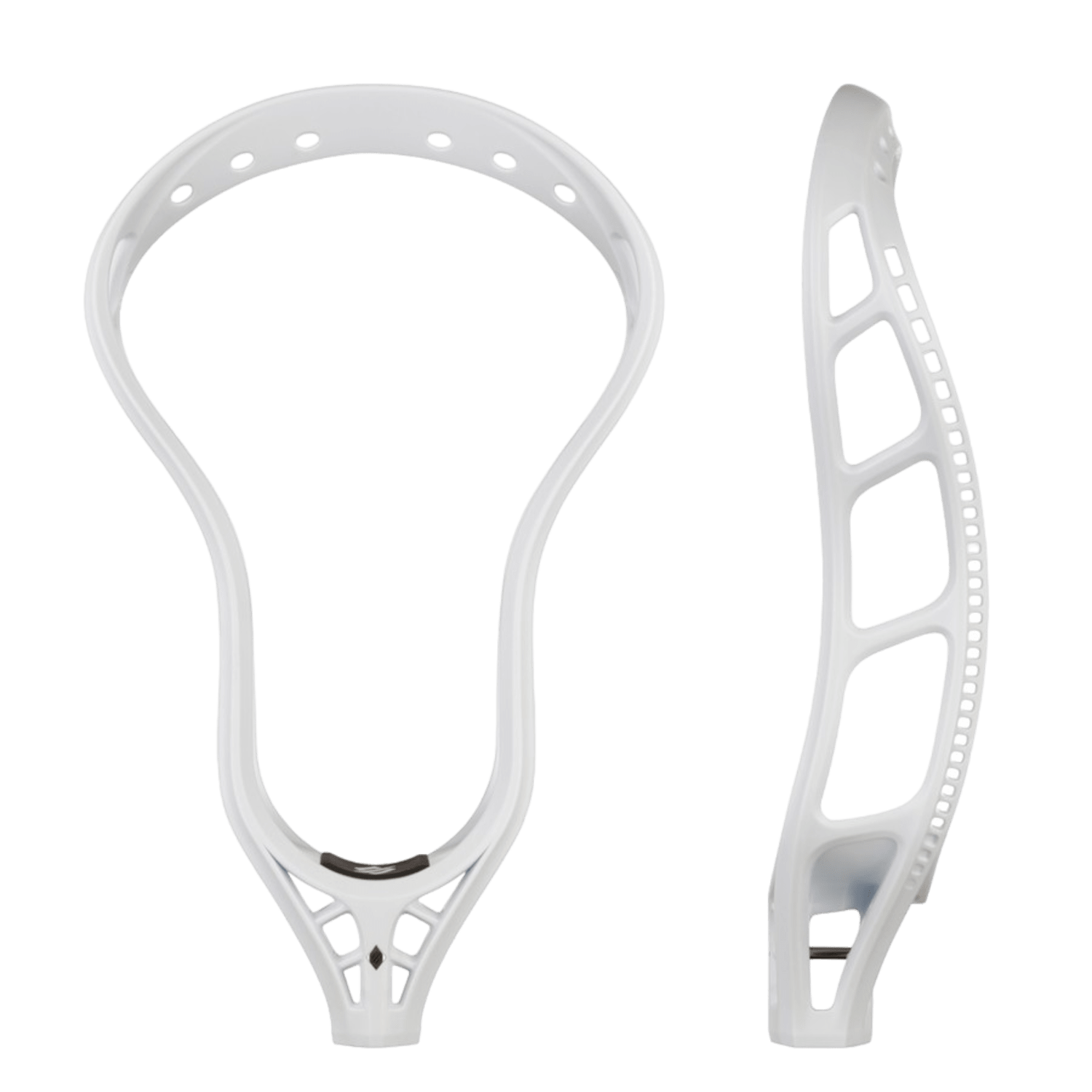 Two views of the StringKing Mark 2V Lacrosse Head: the front view on the left displays its open face, while the side view on the right emphasizes its advanced pocket technology. Ideal for custom stringing, particularly with models such as this one from Stringking.